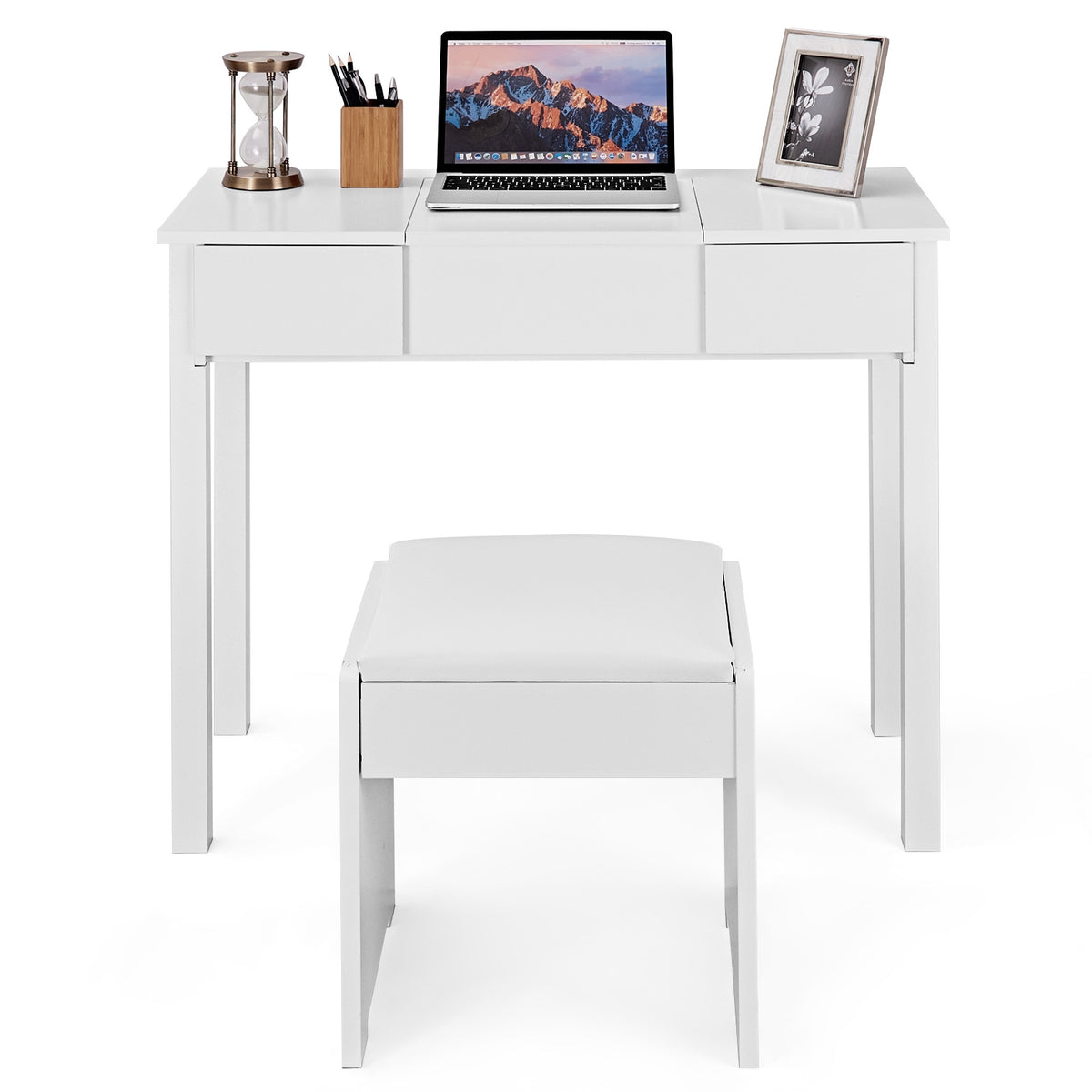 Makeup Vanity Table Set with Flip Top Mirror and Cushioned Stool