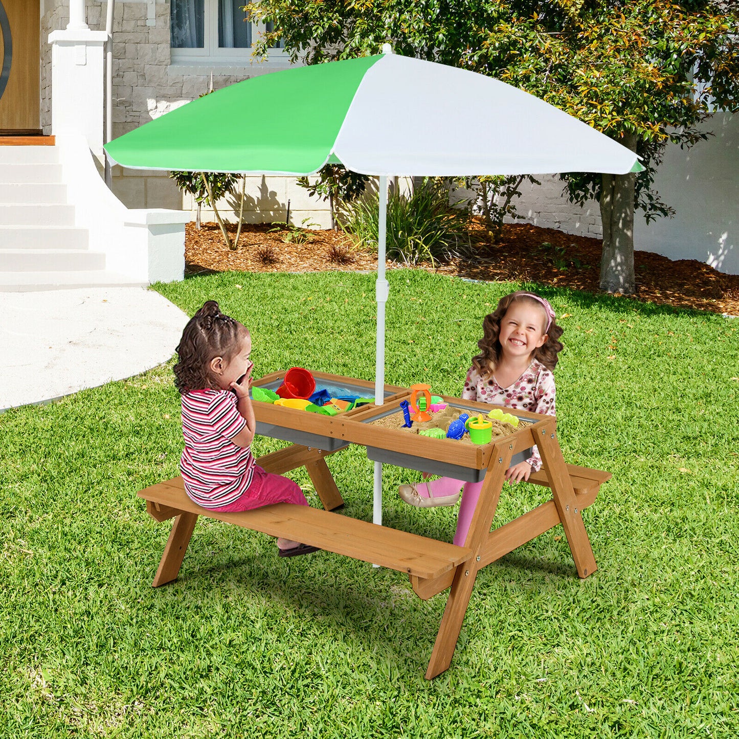 Kids Outdoor Picnic Table with Umbrella and Sand Water Play