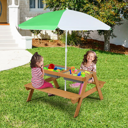 Kids Outdoor Picnic Table with Umbrella and Sand Water Play