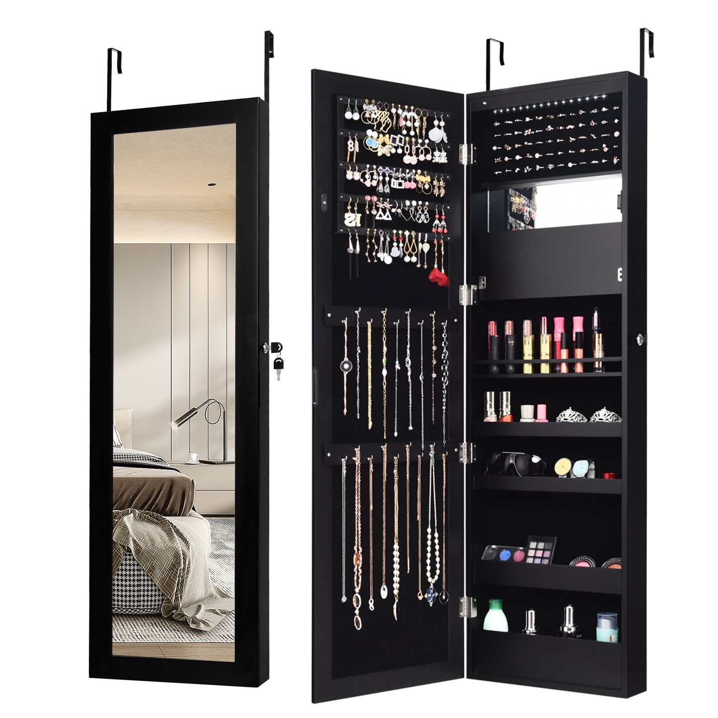 Wall Mounted Jewelry Cabinet with LED Lights and Mirror