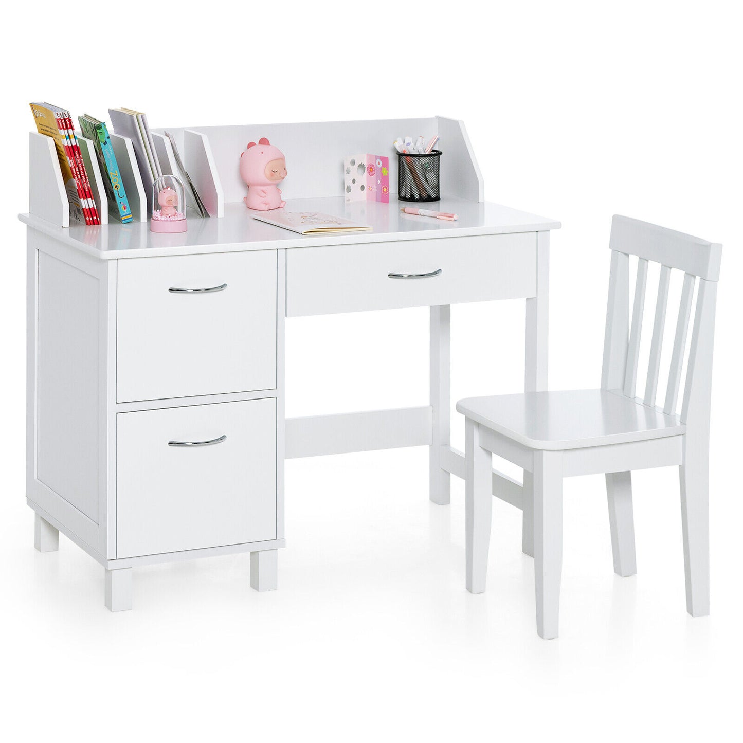 Kids Writing Desk and Chair Set with Storage Drawer
