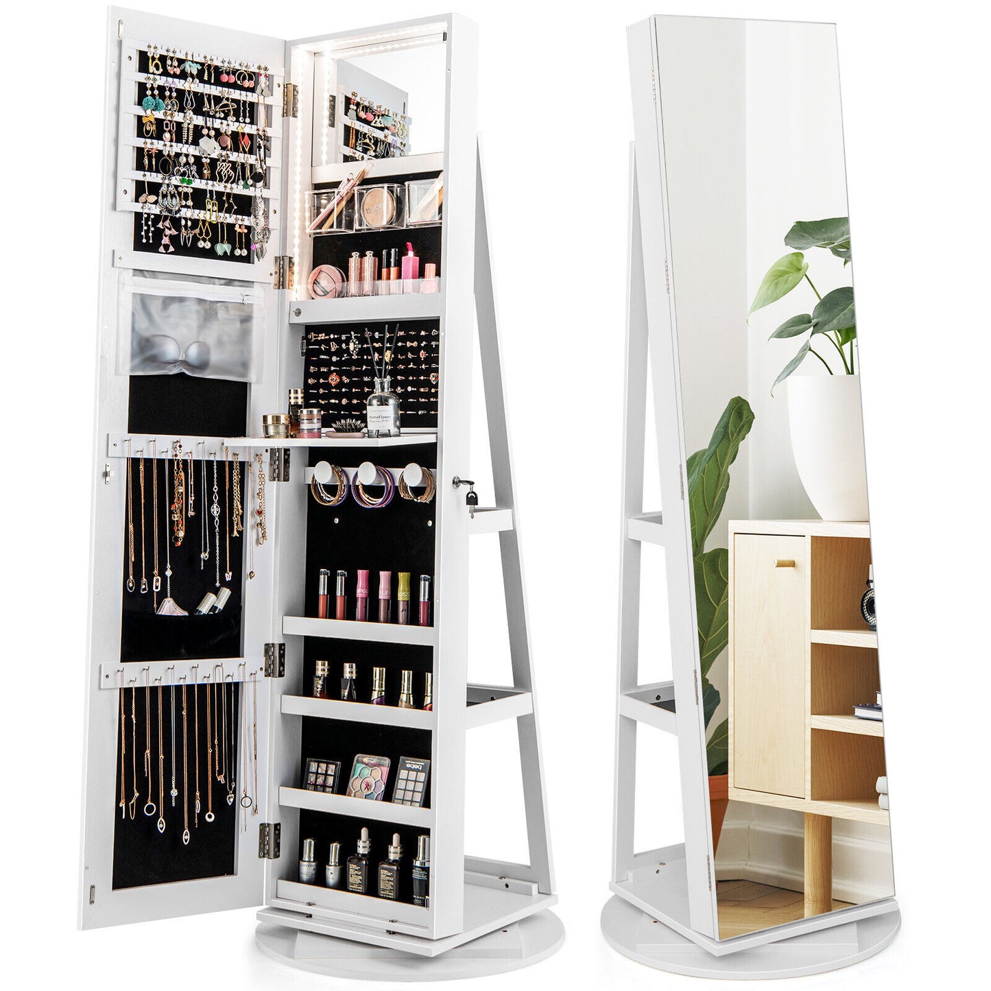 Rotating Mirrored Jewelry Armoire with LED Lighting