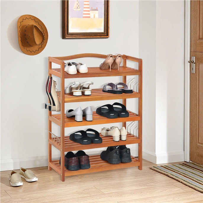 3-Tier Acacia Wood Shoe Rack with Side Metal Hooks
