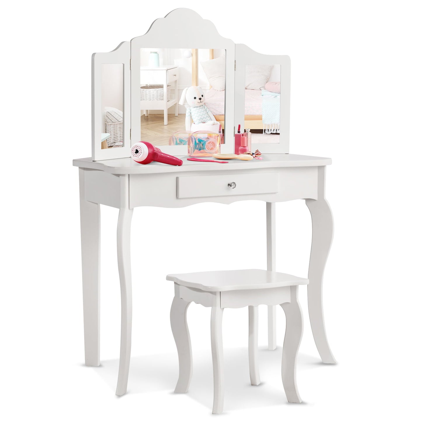 Kids Vanity Table and Stool Set with Mirror and Drawer