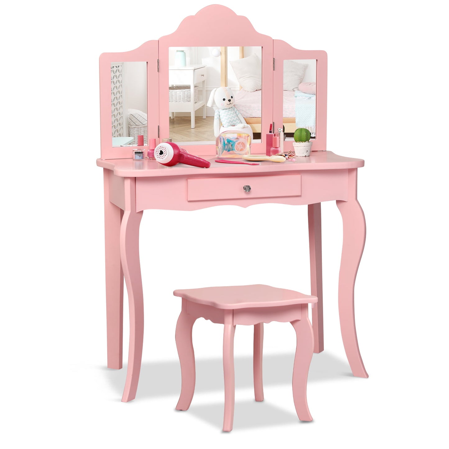 Kids Vanity Table and Stool Set with Mirror and Drawer