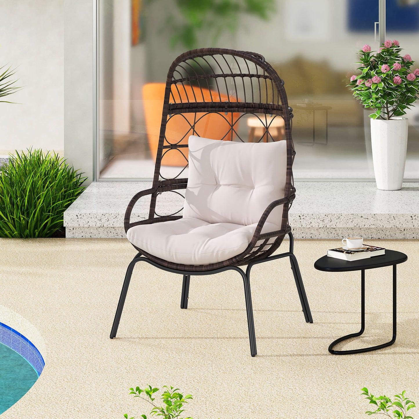 Wicker Egg Chair with Cushions for Outdoor Patio