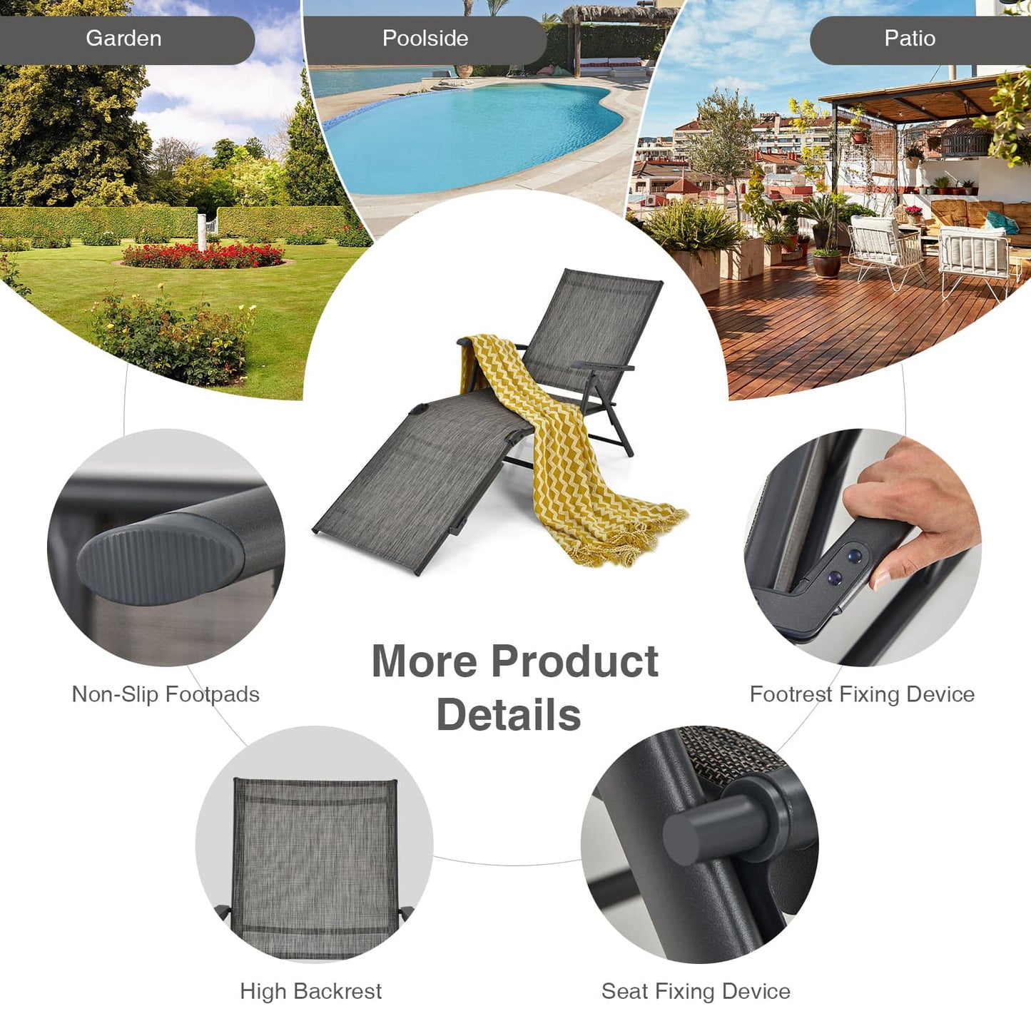 Foldable Chaise Lounge Chair with Adjustable Backrest