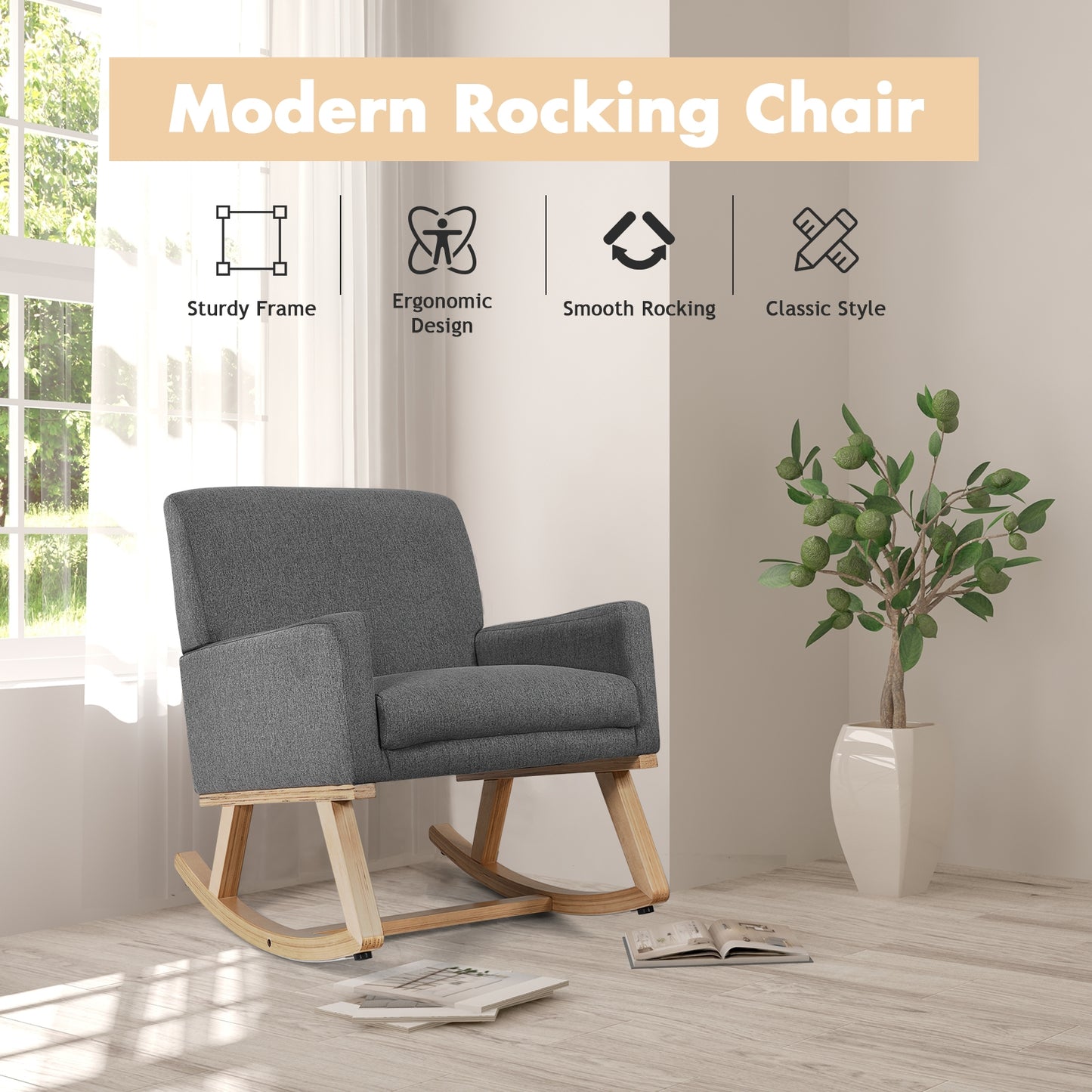 Upholstered Rocking Chair with Solid Wood Base