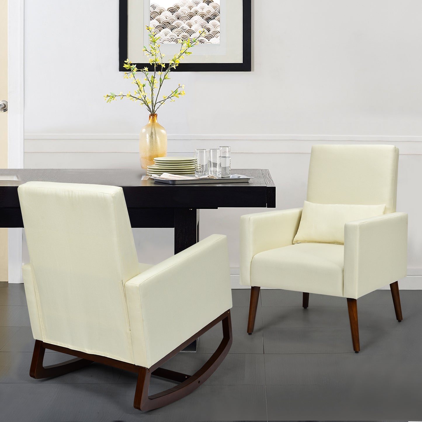 2-in-1 Rocking Chair with Pillow, Beige Linen Upholstery