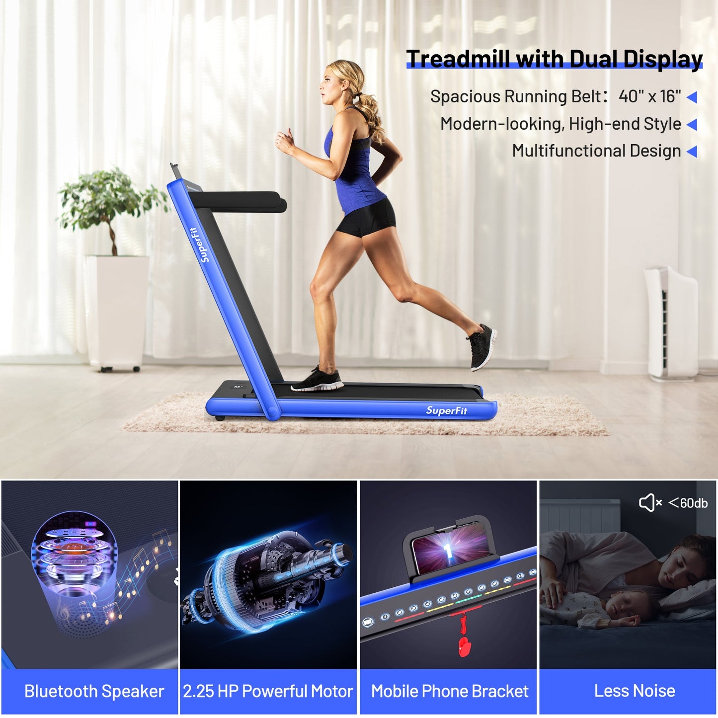 2-in-1 Folding Treadmill with Dual Display and Remote Control