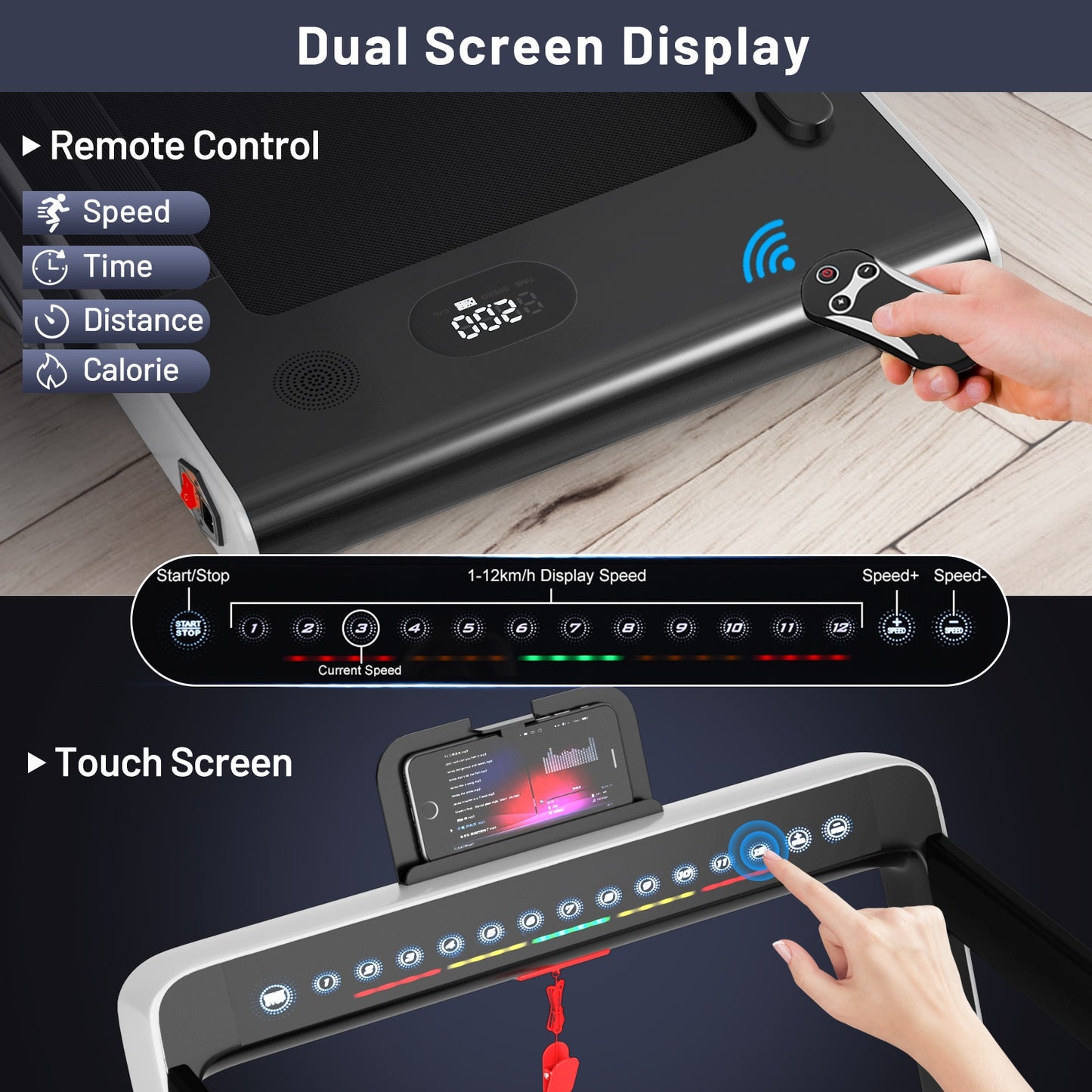 2-in-1 Folding Treadmill with Dual Display and Remote Control
