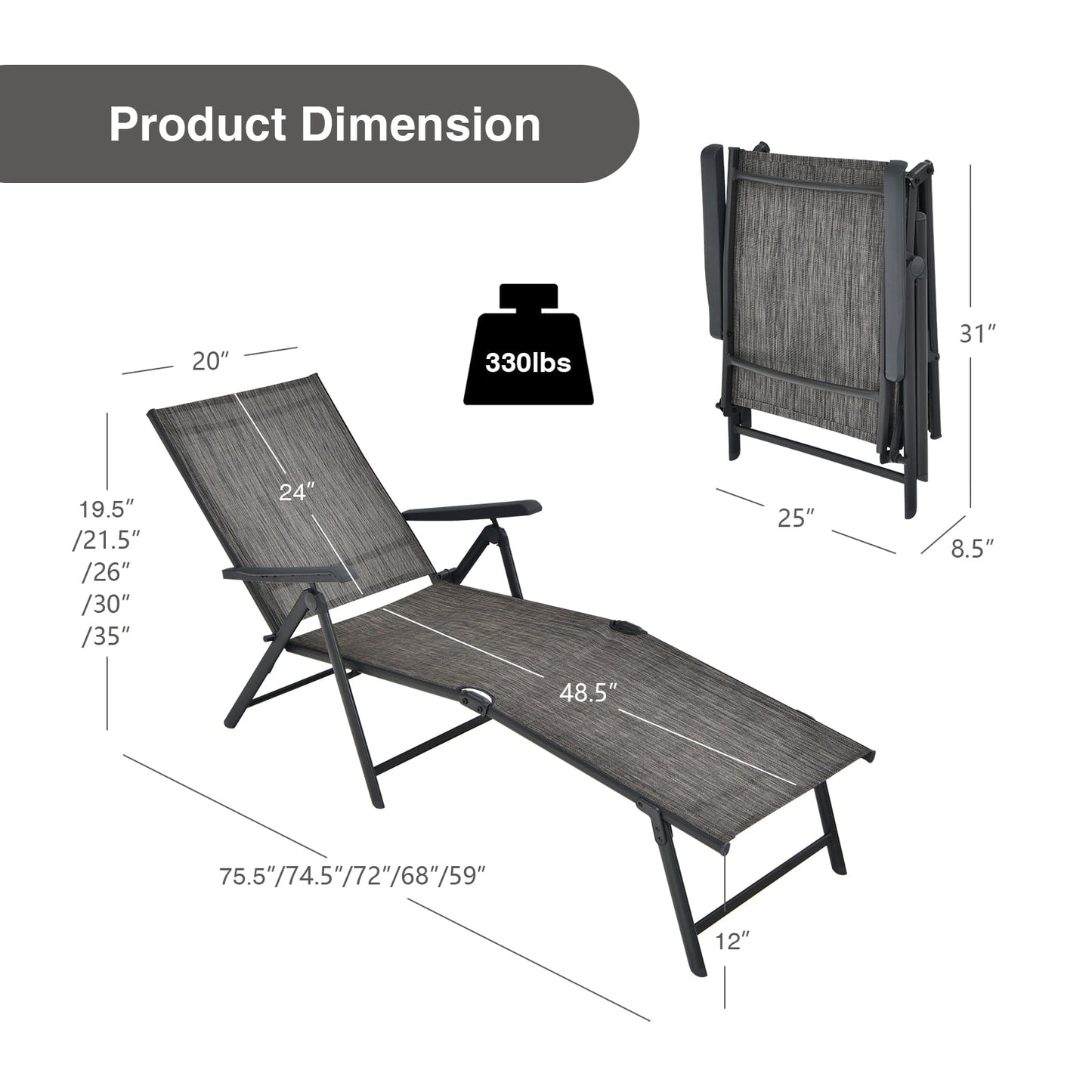 Foldable Chaise Lounge Chair with Adjustable Backrest