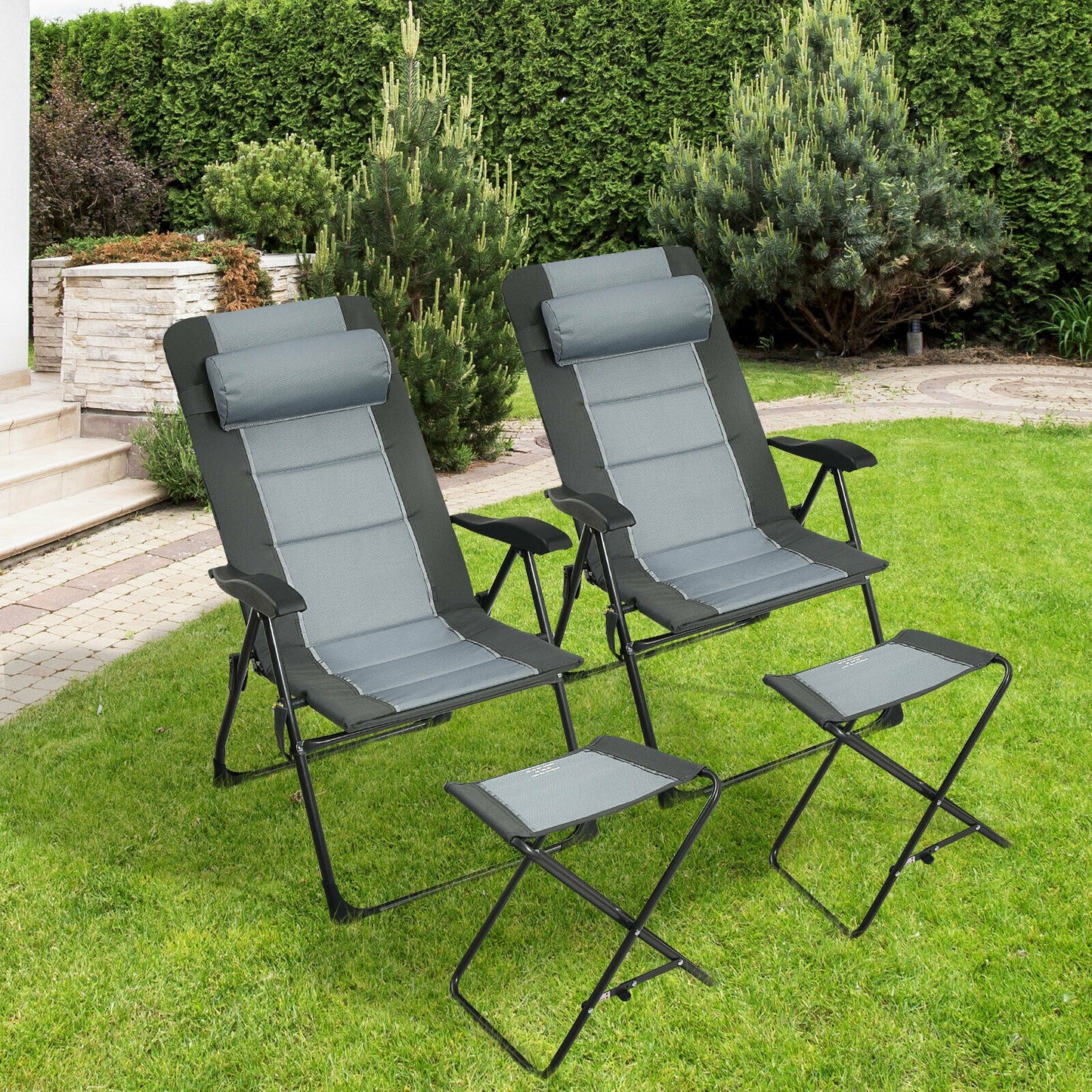 Folding Reclining Chair with Ottoman Set of 2 - Gray
