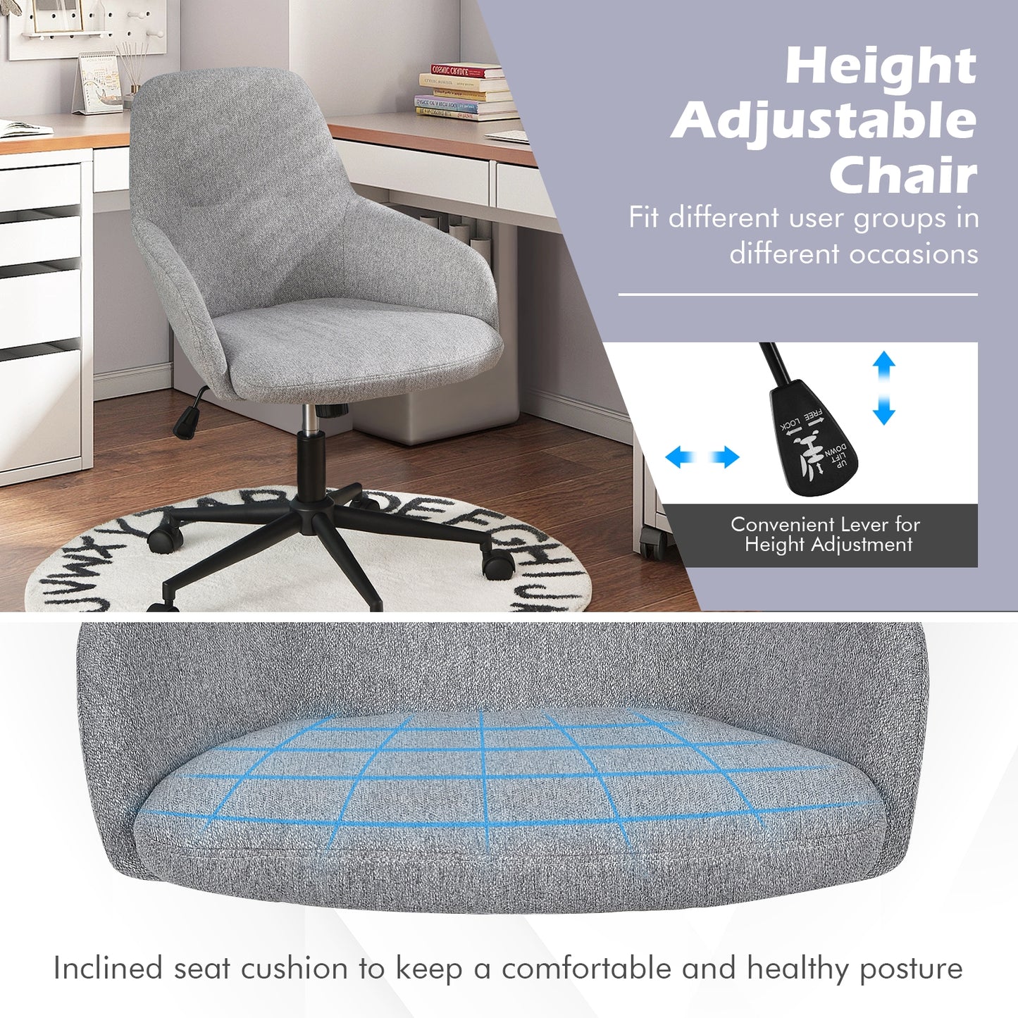 Adjustable Office Chair with Rocking Backrest - Gray
