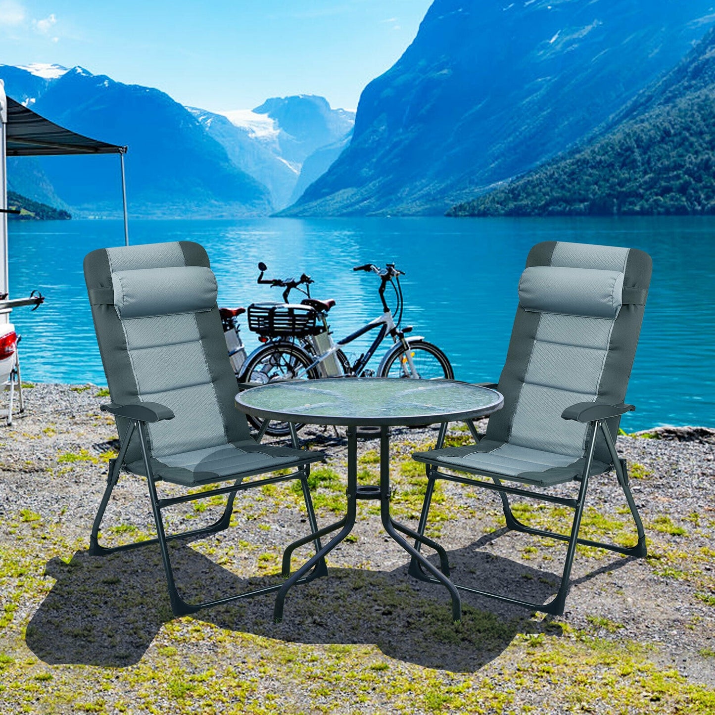 Folding Reclining Chair with Ottoman Set of 2 - Gray