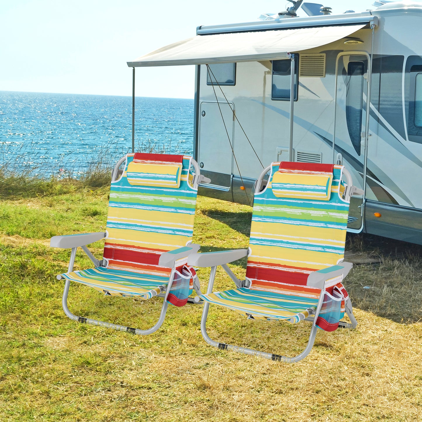 Foldable Beach Chair with 5-Position Backrest and Cup Holder