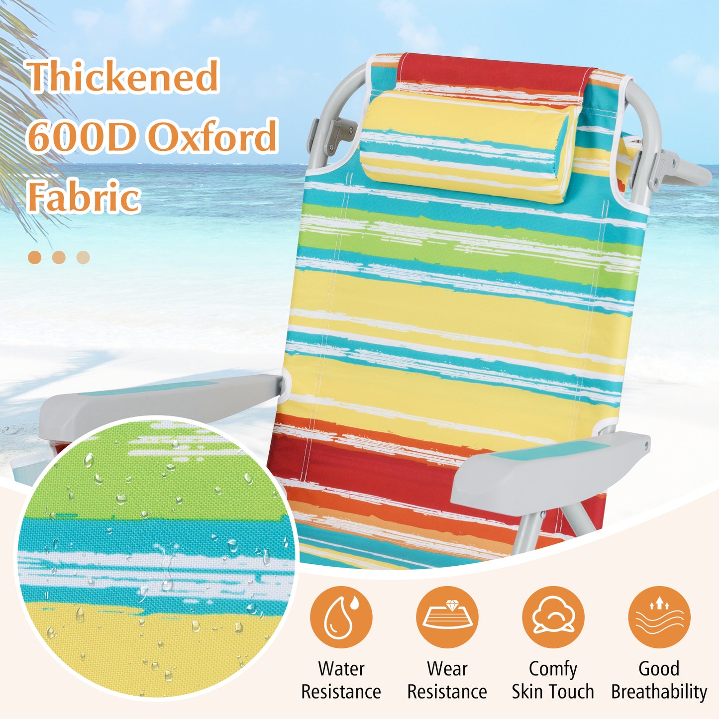 Foldable Beach Chair with 5-Position Backrest and Cup Holder