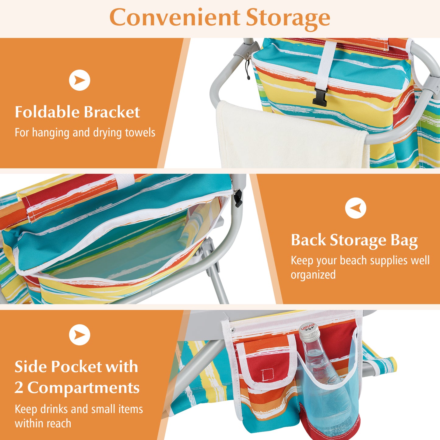 Foldable Beach Chair with 5-Position Backrest and Cup Holder