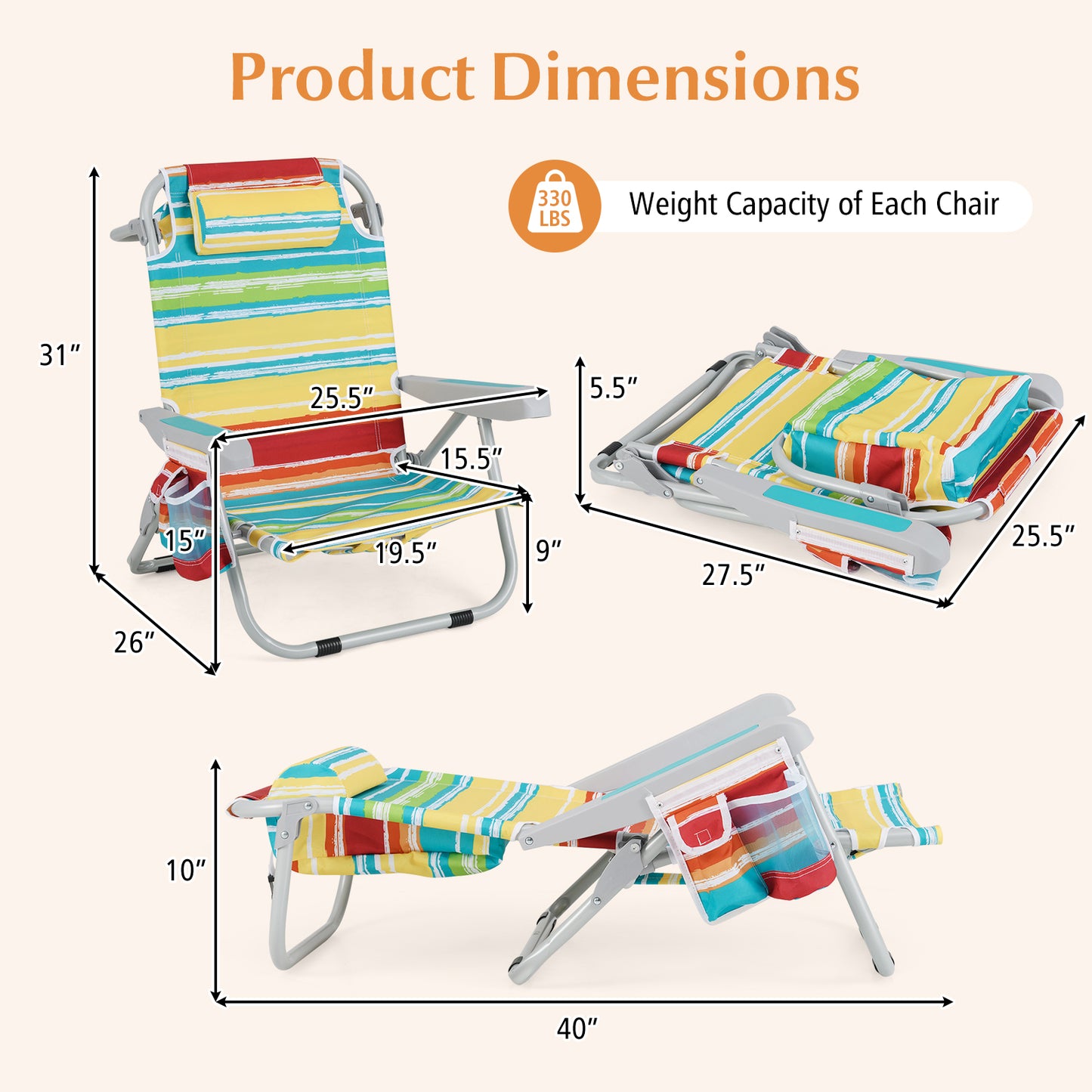 Foldable Beach Chair with 5-Position Backrest and Cup Holder