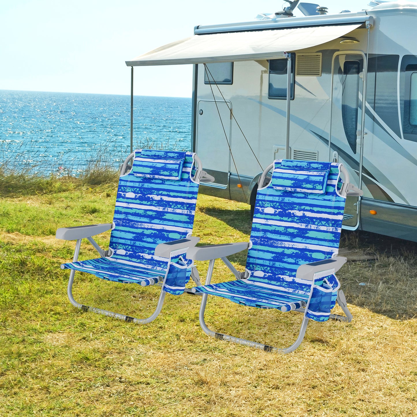 Foldable Beach Chair with 5-Position Backrest and Cup Holder