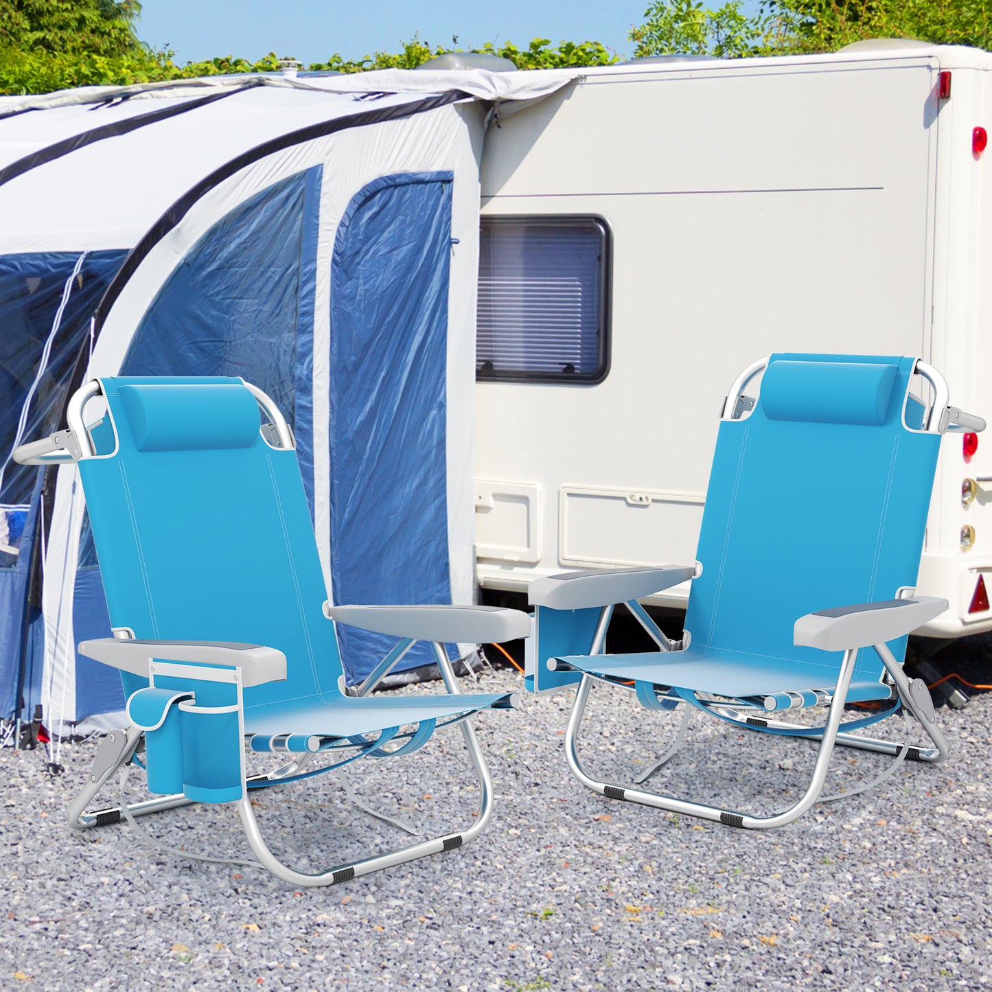 Foldable Beach Chair with 5-Position Backrest and Cup Holder