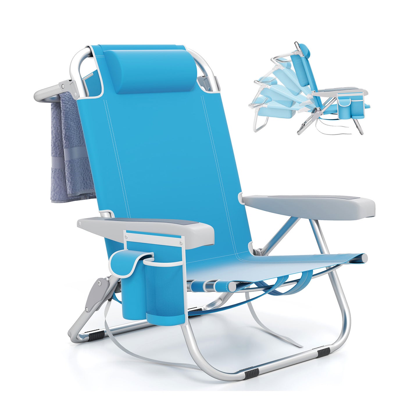 Foldable Beach Chair with 5-Position Backrest and Cup Holder