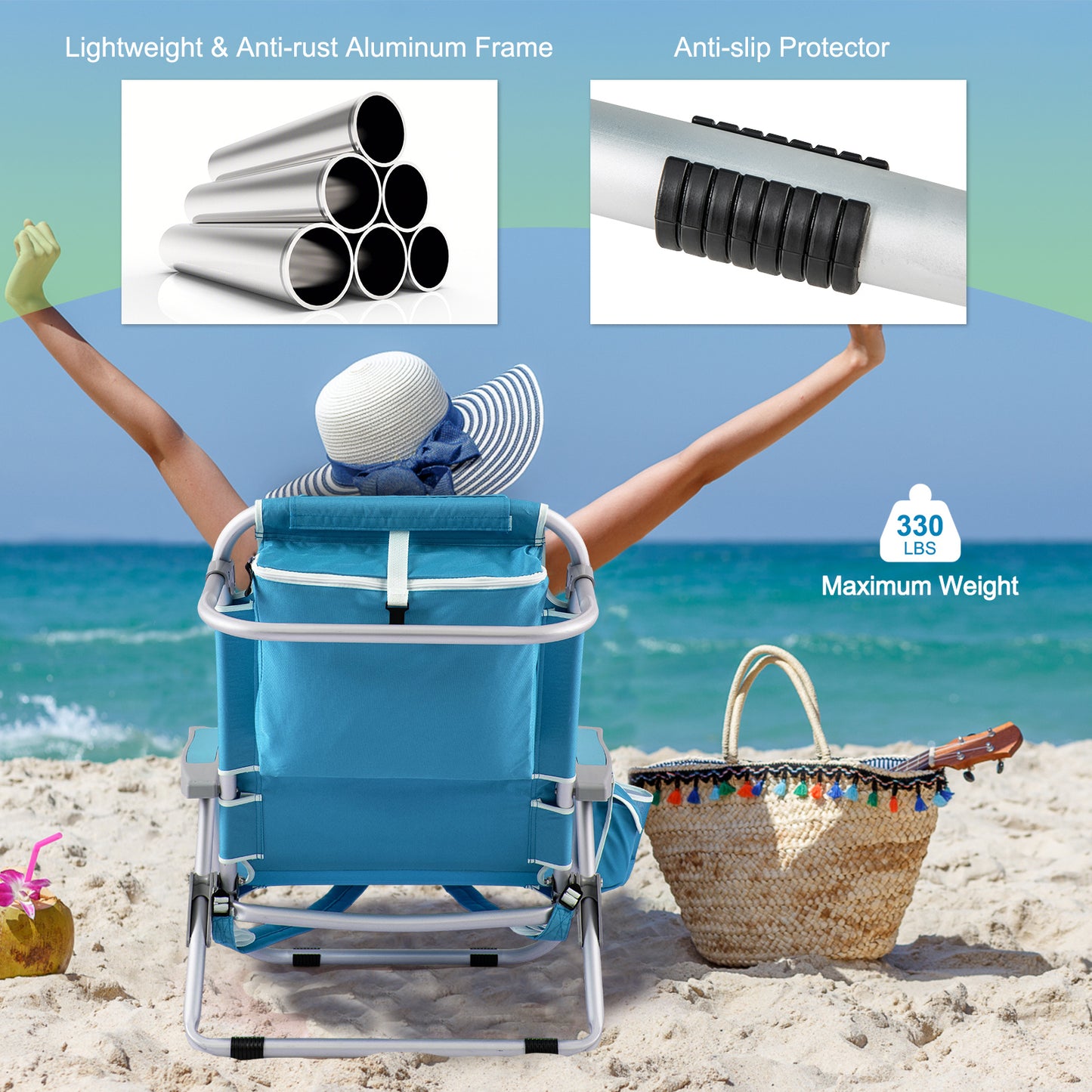 Foldable Beach Chair with 5-Position Backrest and Cup Holder