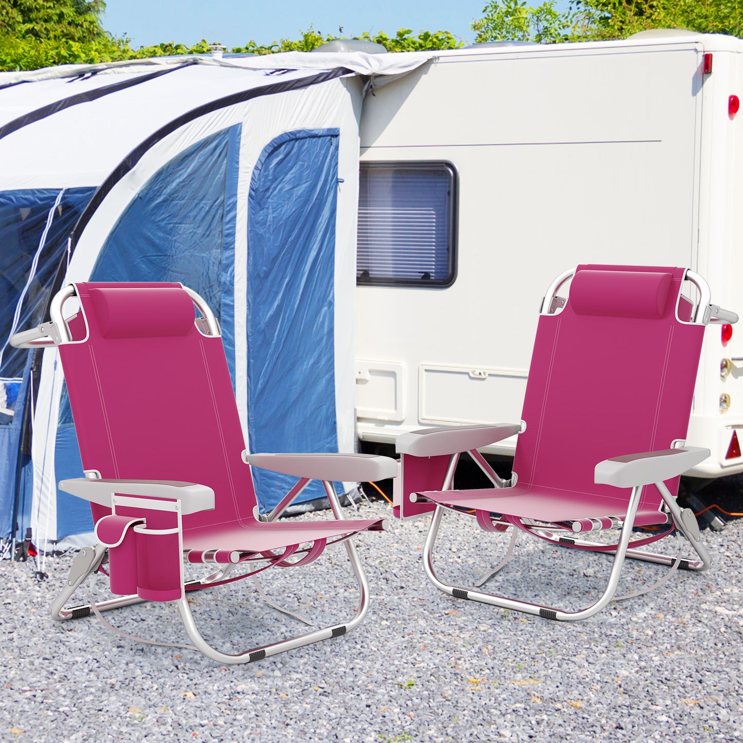 Foldable Beach Chair with 5-Position Backrest and Cup Holder