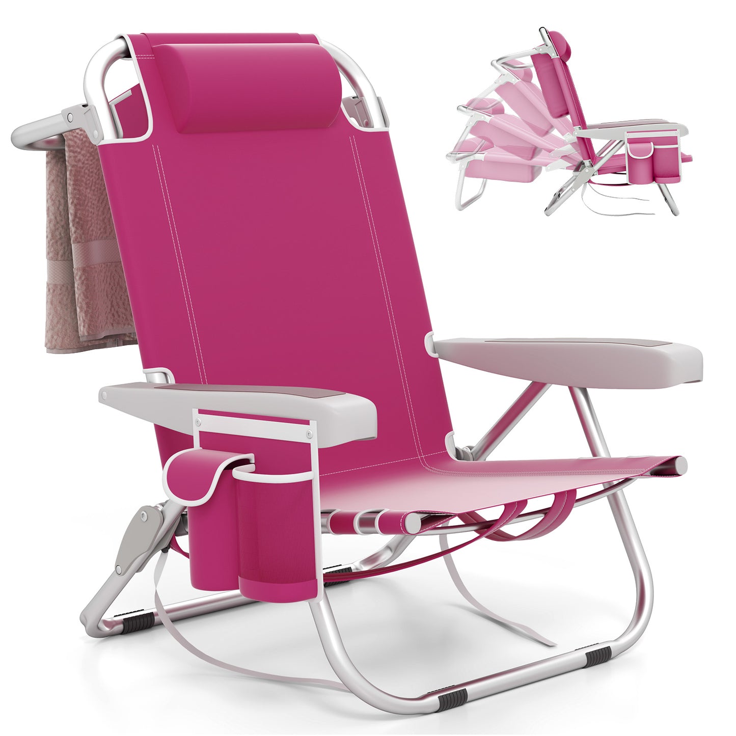 Foldable Beach Chair with 5-Position Backrest and Cup Holder