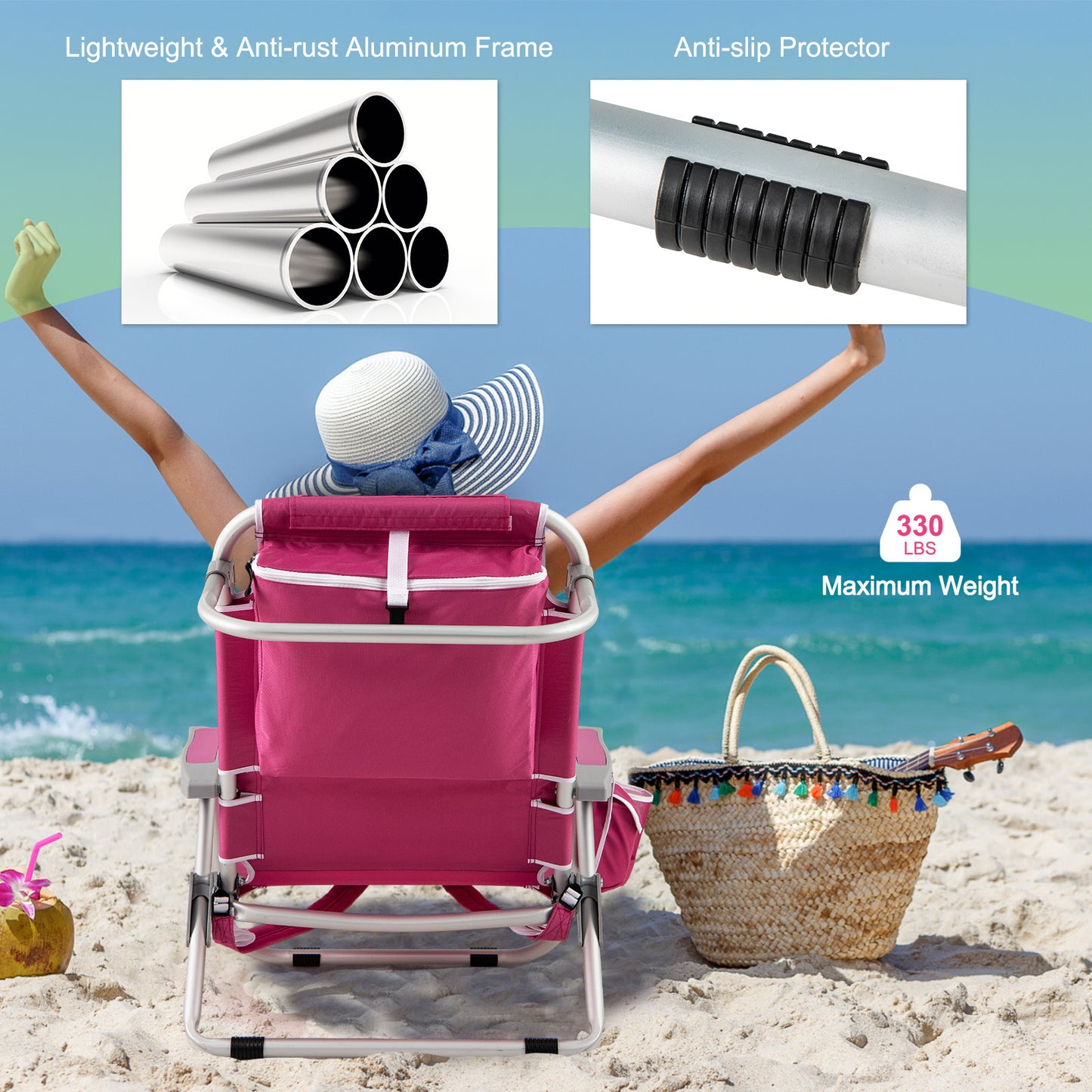 Foldable Beach Chair with 5-Position Backrest and Cup Holder