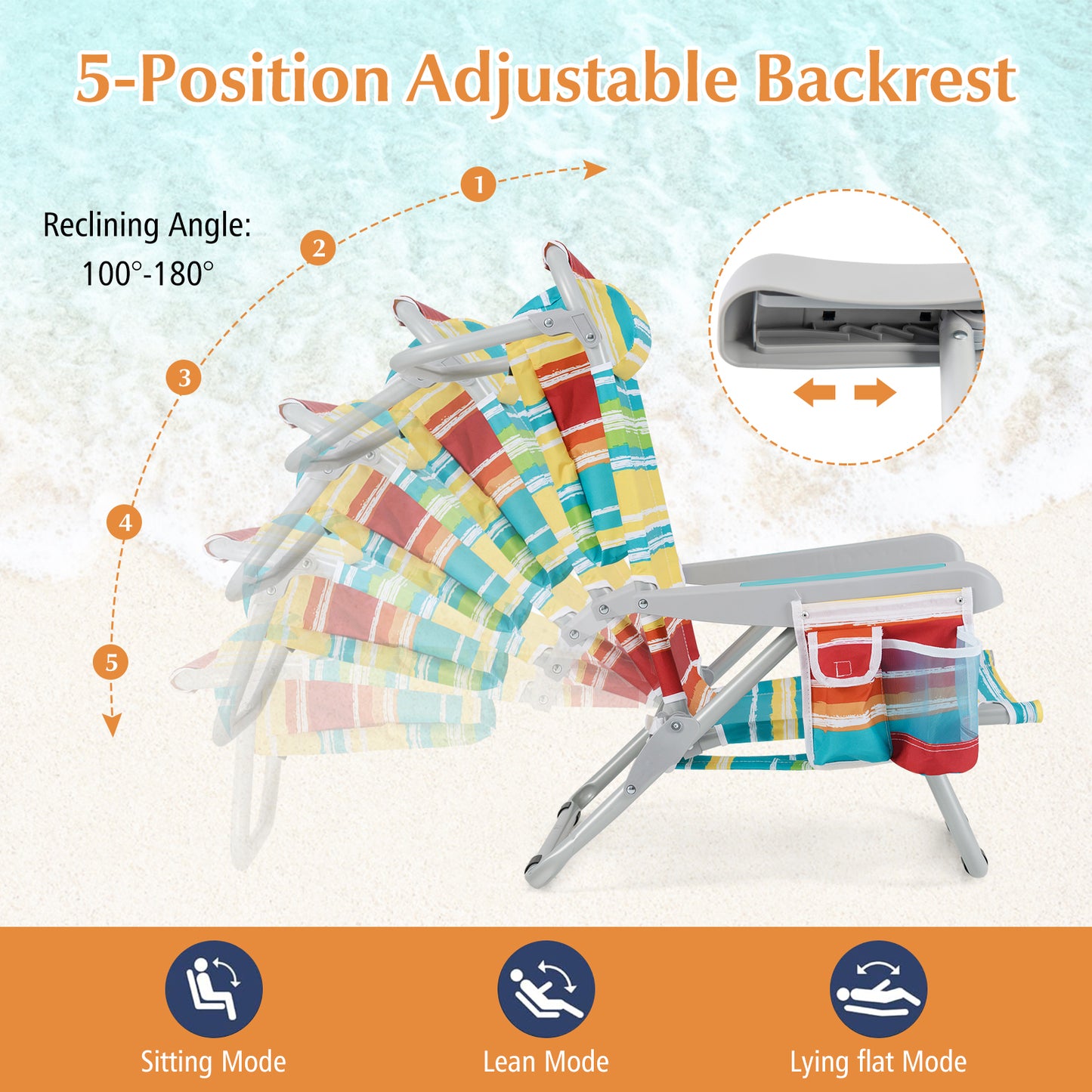 Foldable Beach Chair with 5-Position Backrest and Cup Holder