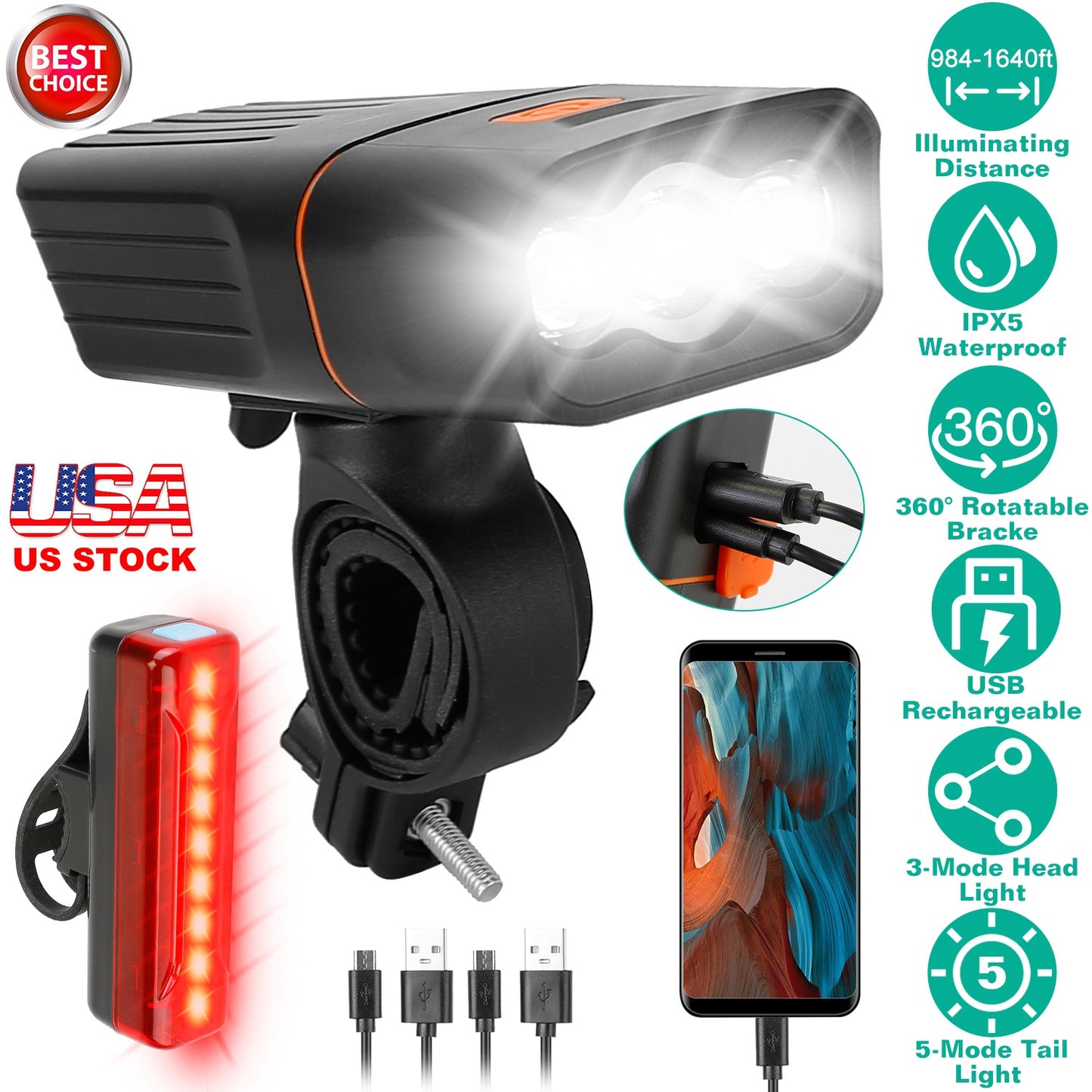 USB Rechargeable Bike Light Set with Headlight and Taillight