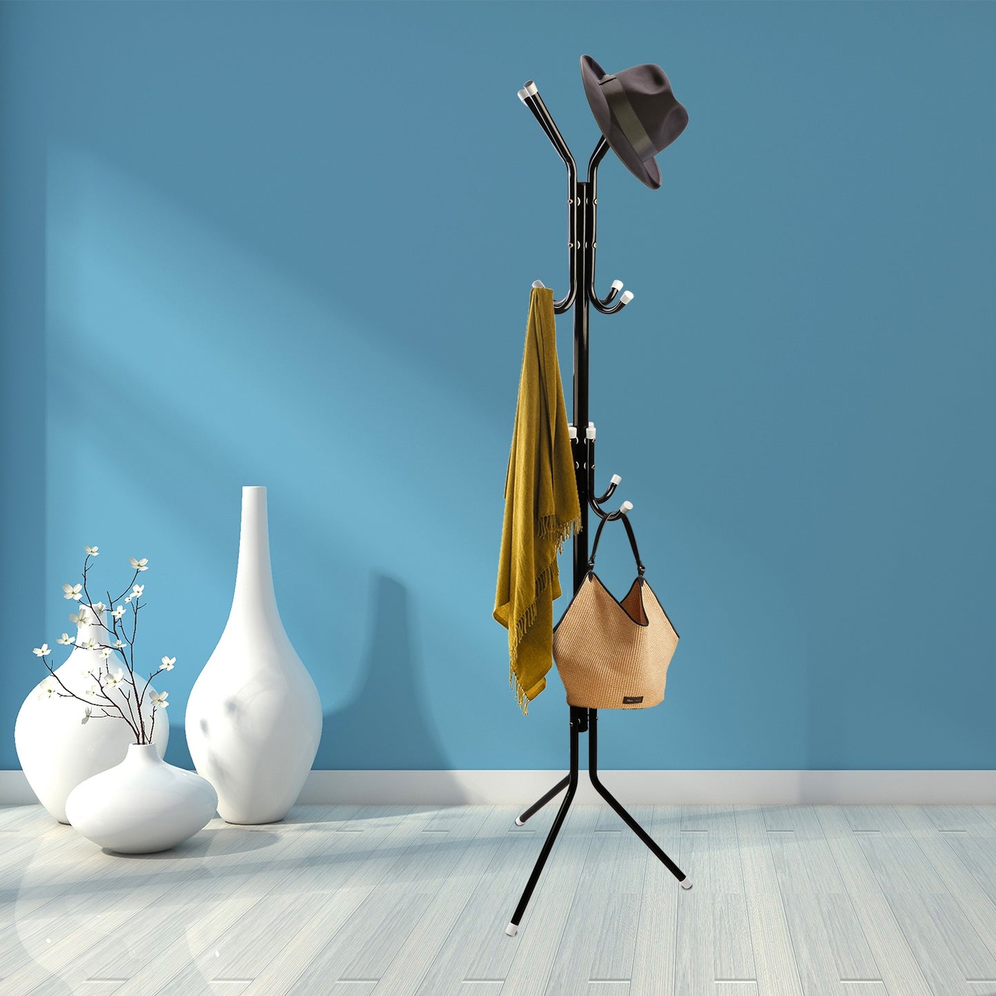Standing Coat Rack with 8 Hooks - 3 Tier Metal Organizer