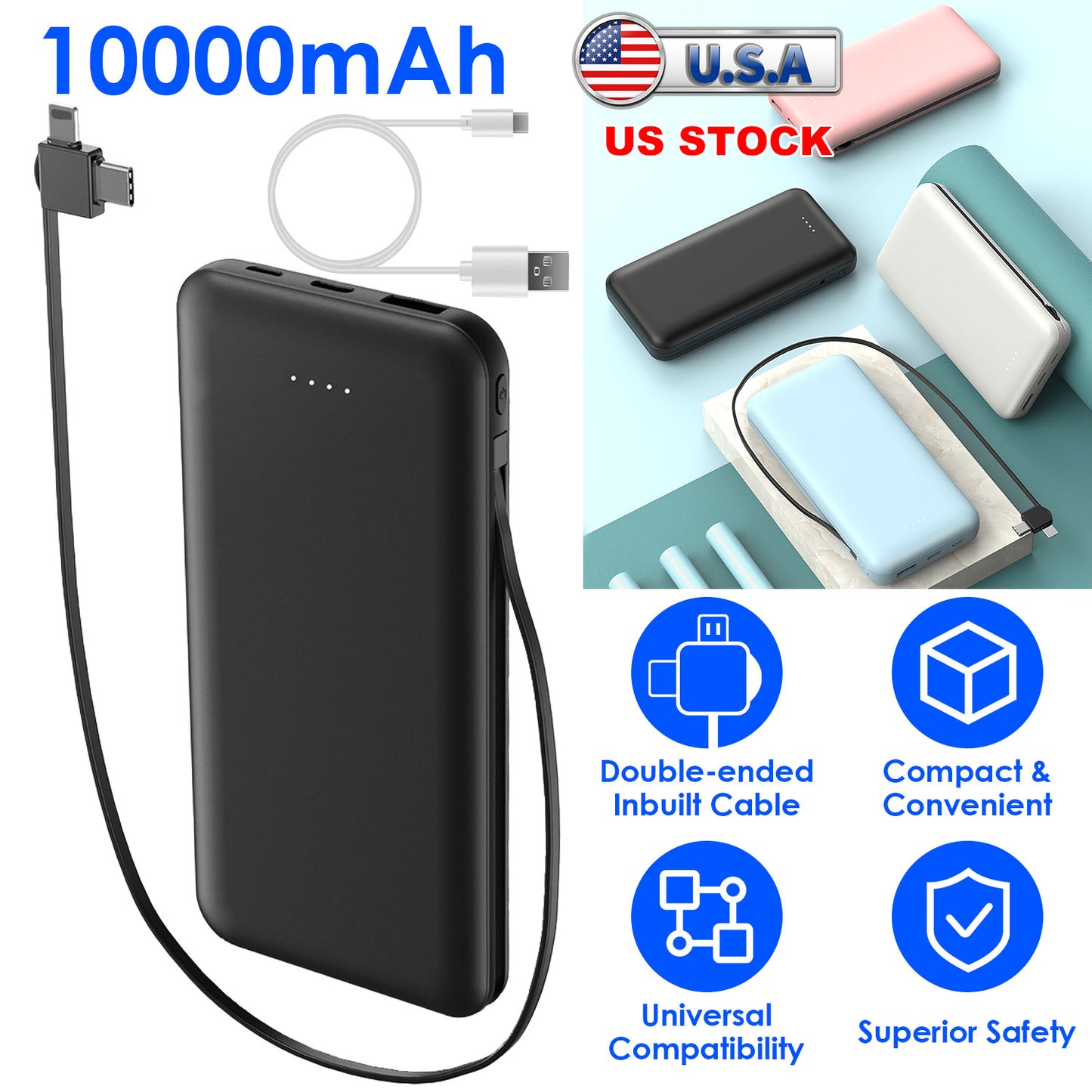 10000mAh Portable Power Bank with Built-In Cables