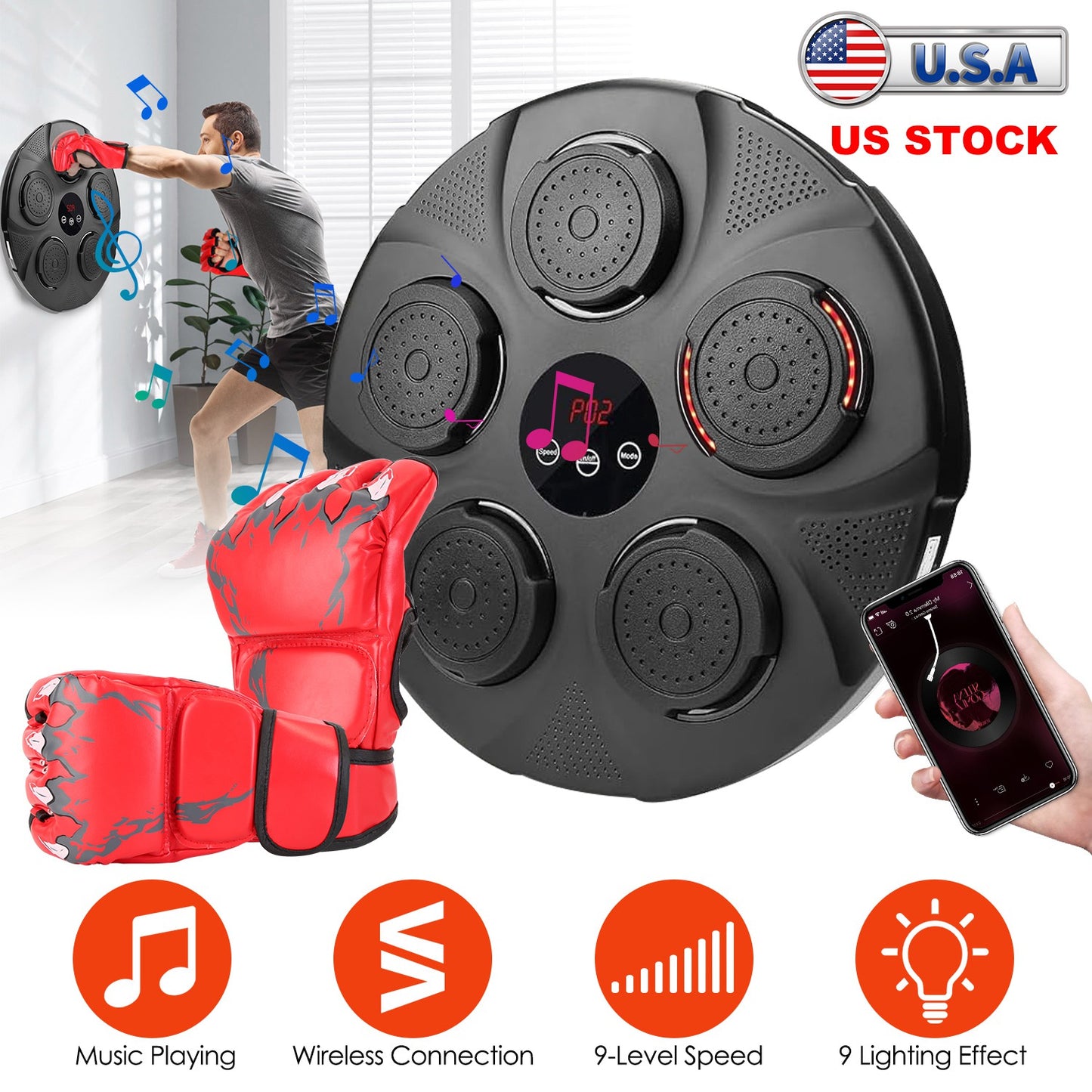 Music Boxing Machine with LED Lights and Bluetooth Speaker