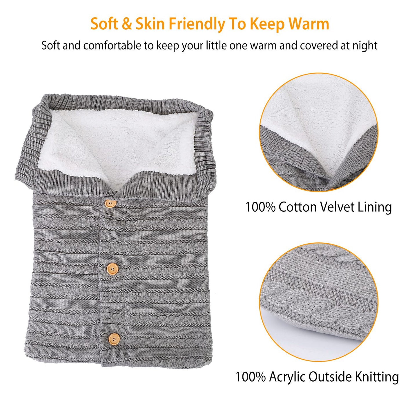 Baby Knit Swaddle Blanket with Button Closure 0-12 Months