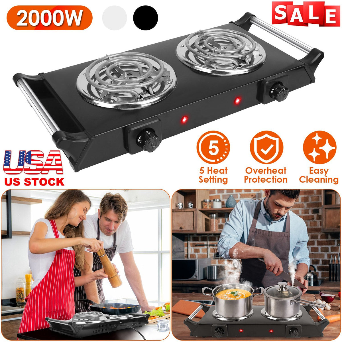 2000W Electric Dual Burner Portable Coil Heating Hot Plate Stove Countertop RV Hotplate with 5 Temperature Adjustments Portable Handles