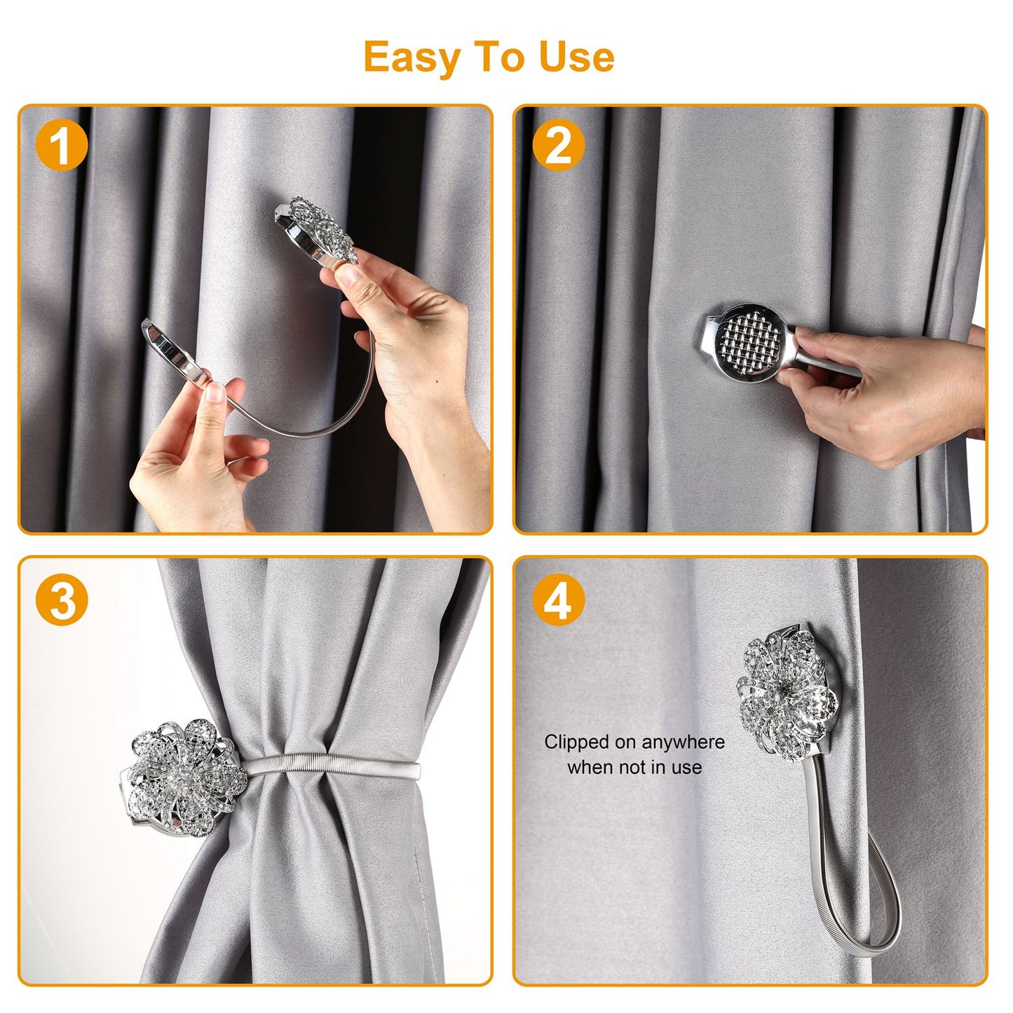 Magnetic Curtain Tiebacks with Floral Crystal Design - 2 Pack