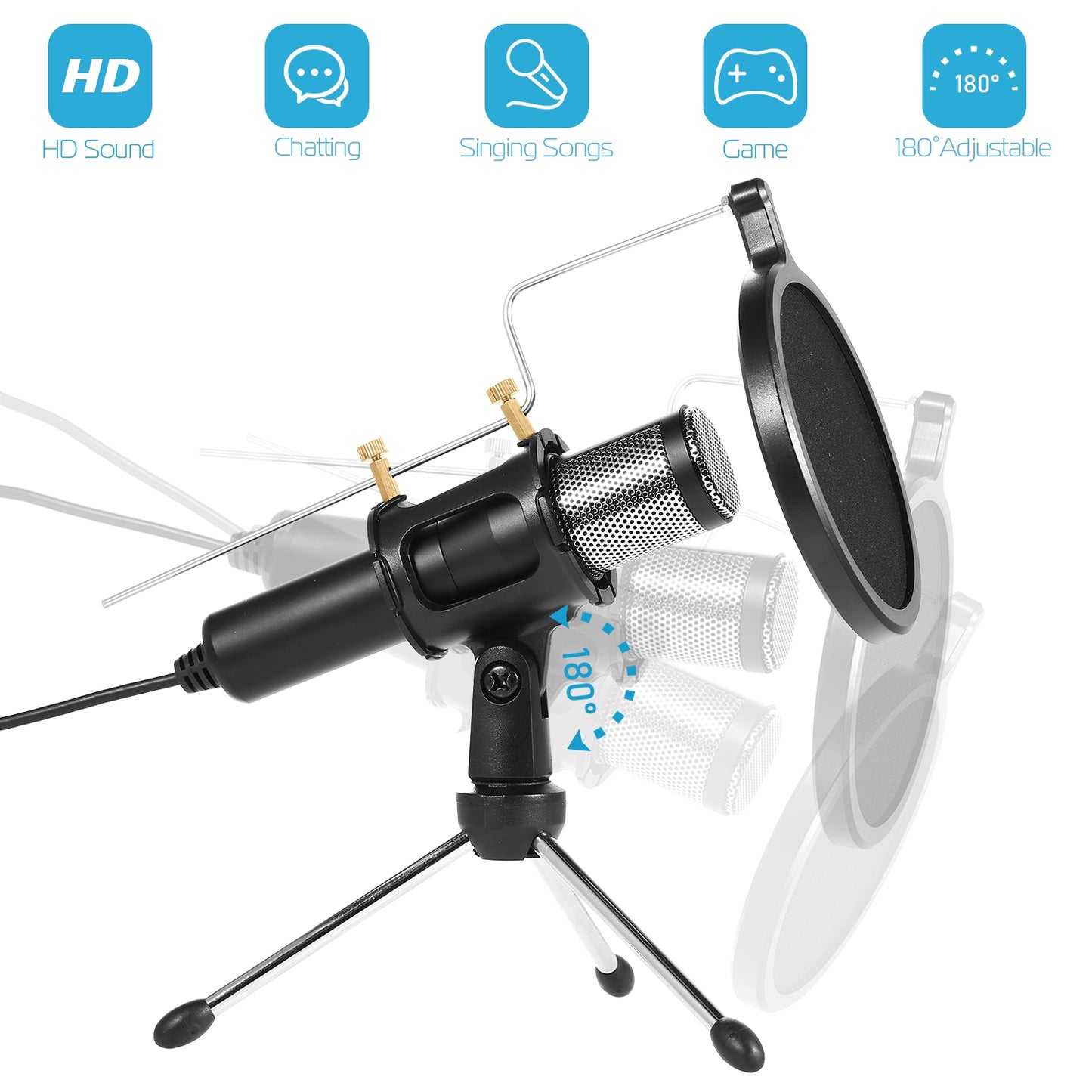 USB Condenser Microphone with Tripod Stand & Pop Filter