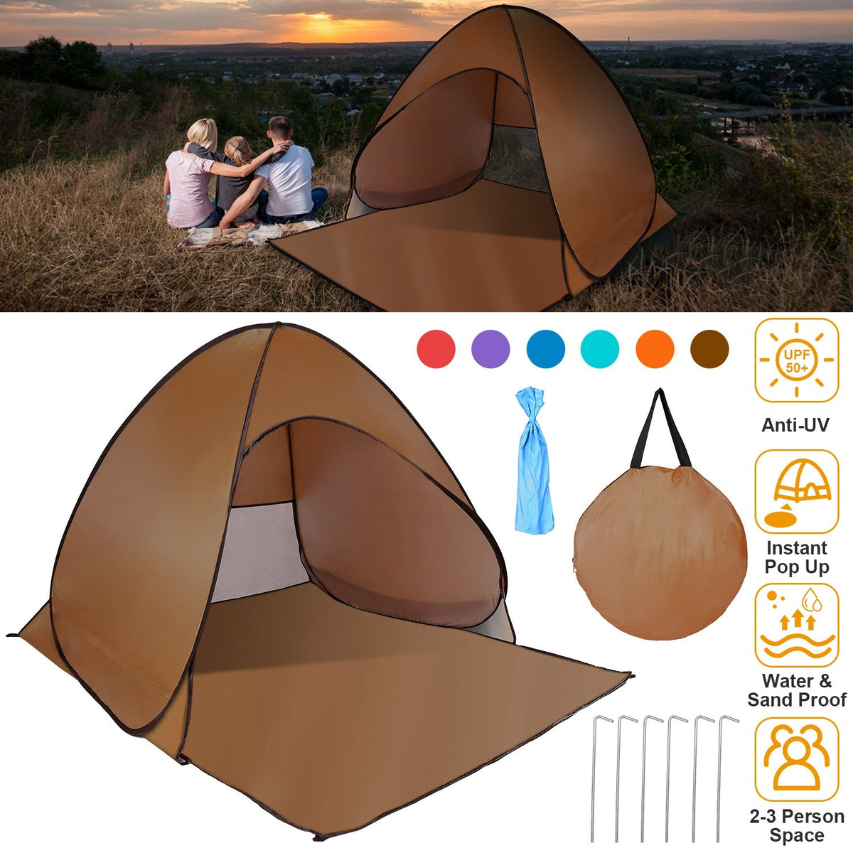 Pop Up Beach Tent Sun Shade Shelter Anti-UV Automatic Waterproof Tent Canopy for 2/3 Man w/ Net Window Storage Bag for Outdoor Beach Camping Fishing P