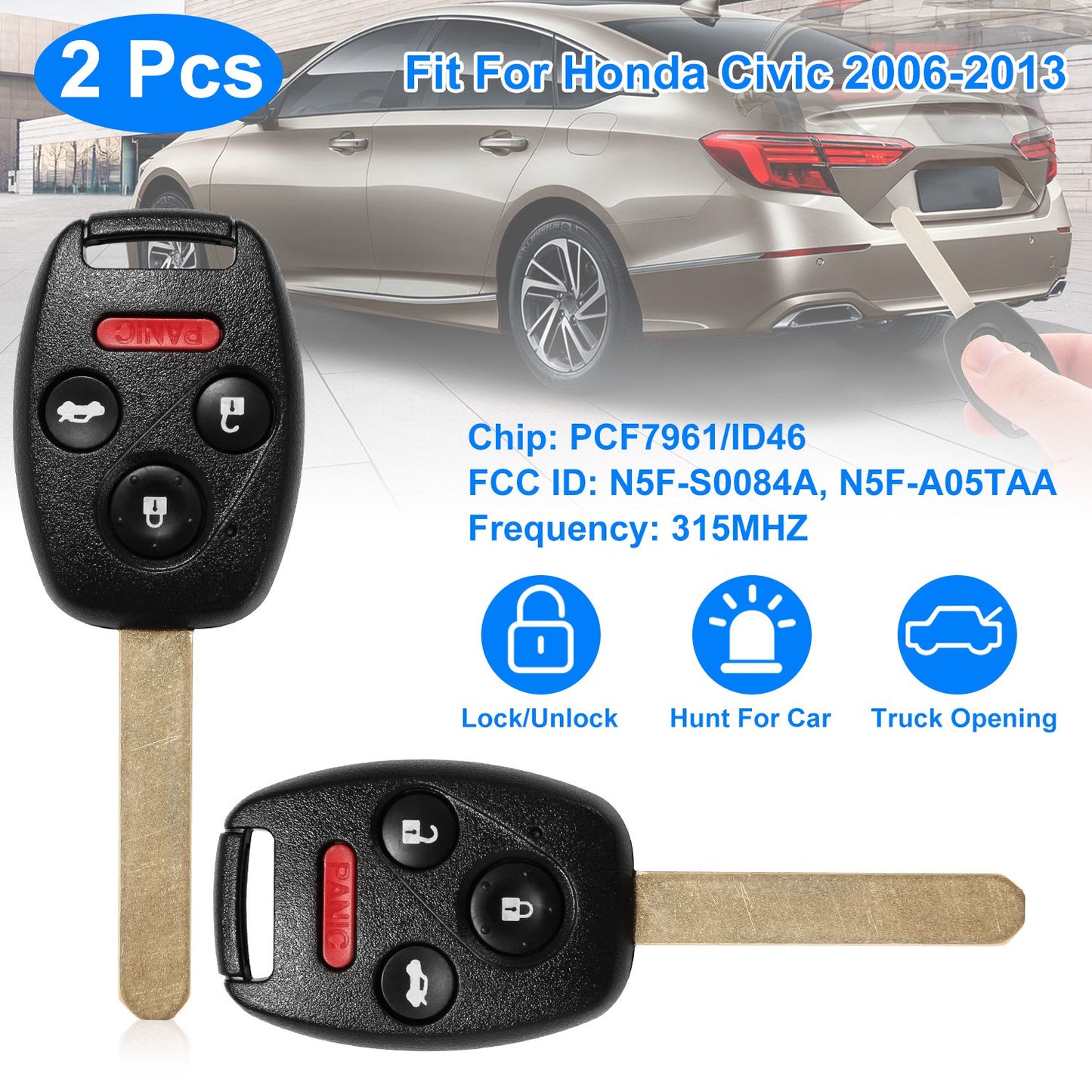 Remote Key Fob for Honda Civic 2006-2013 (2-Pack)