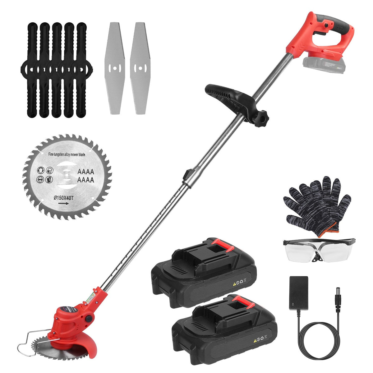Electric Cordless Grass Trimmer Rechargeable Lawn Mower Weed Cutter with 2 Alloy Saw Blades 2 Alloy Blades 10 Plastic Blades 2 Rechargeable Batteries