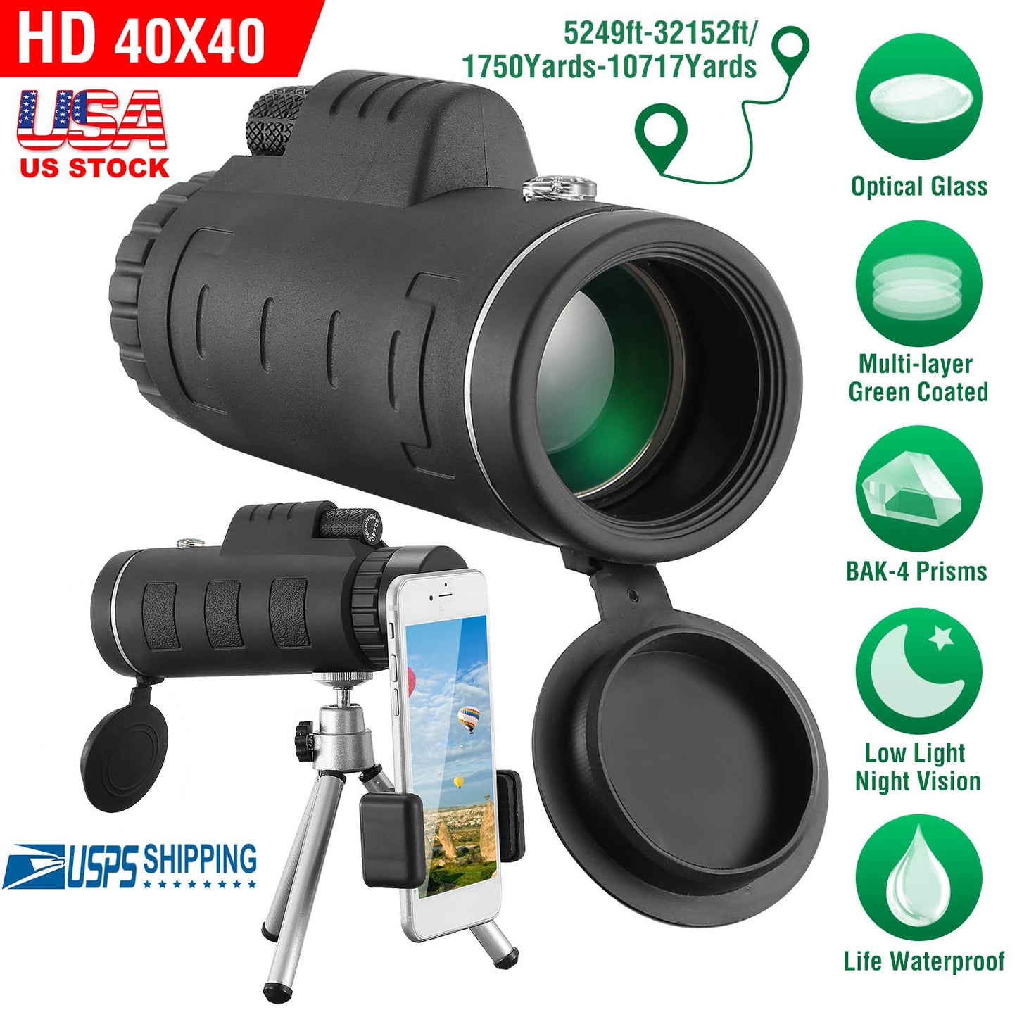 40x40 Monocular Telescope with Phone Adapter and Tripod