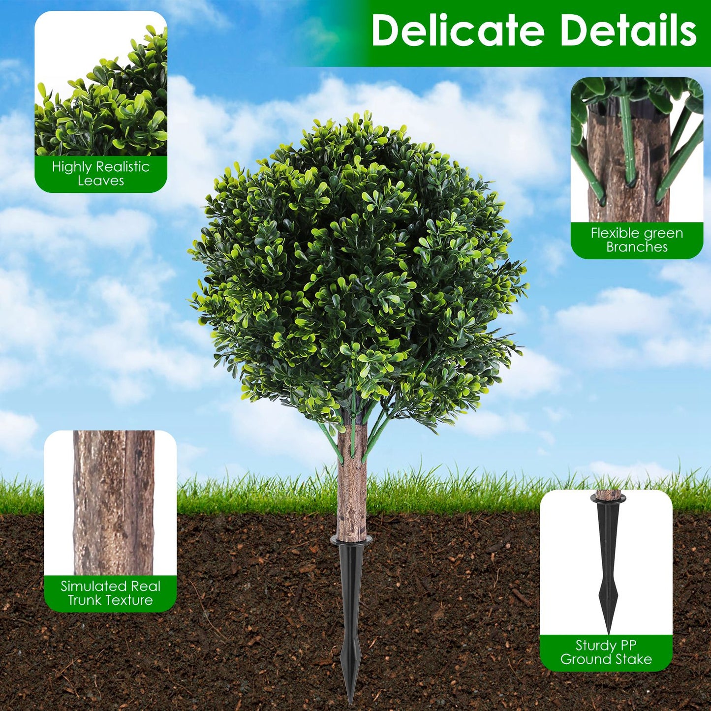 Artificial Boxwood Ball Topiary Tree with Ground Spike - 2 Pack