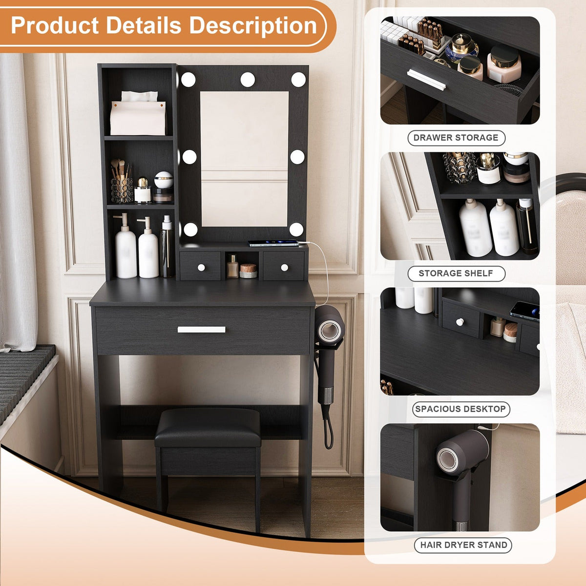 Vanity Desk Set with LED Lighted Mirror & Padded Stool