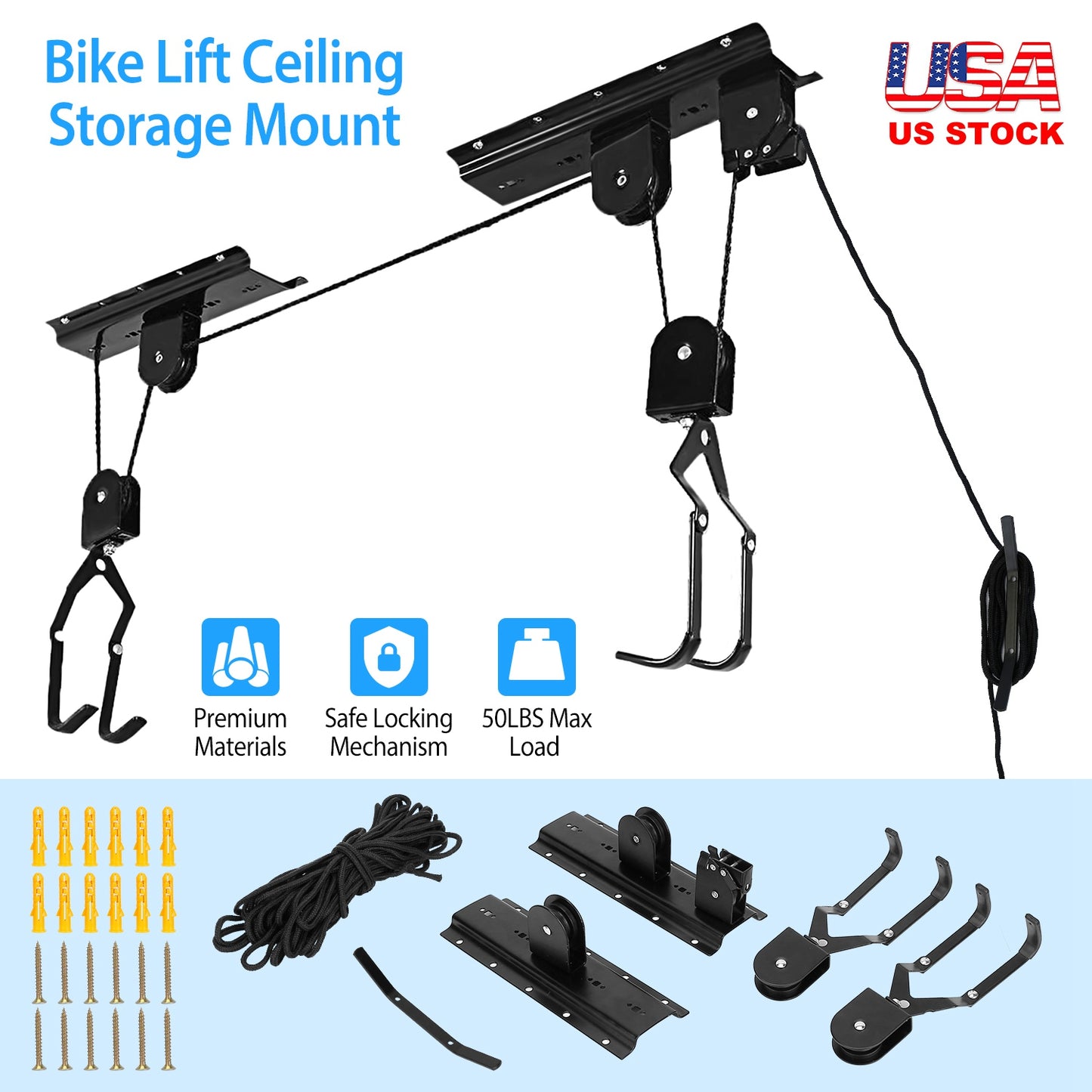 Bike Lift Ceiling Storage Hoist - 50 LB Capacity with Pulley
