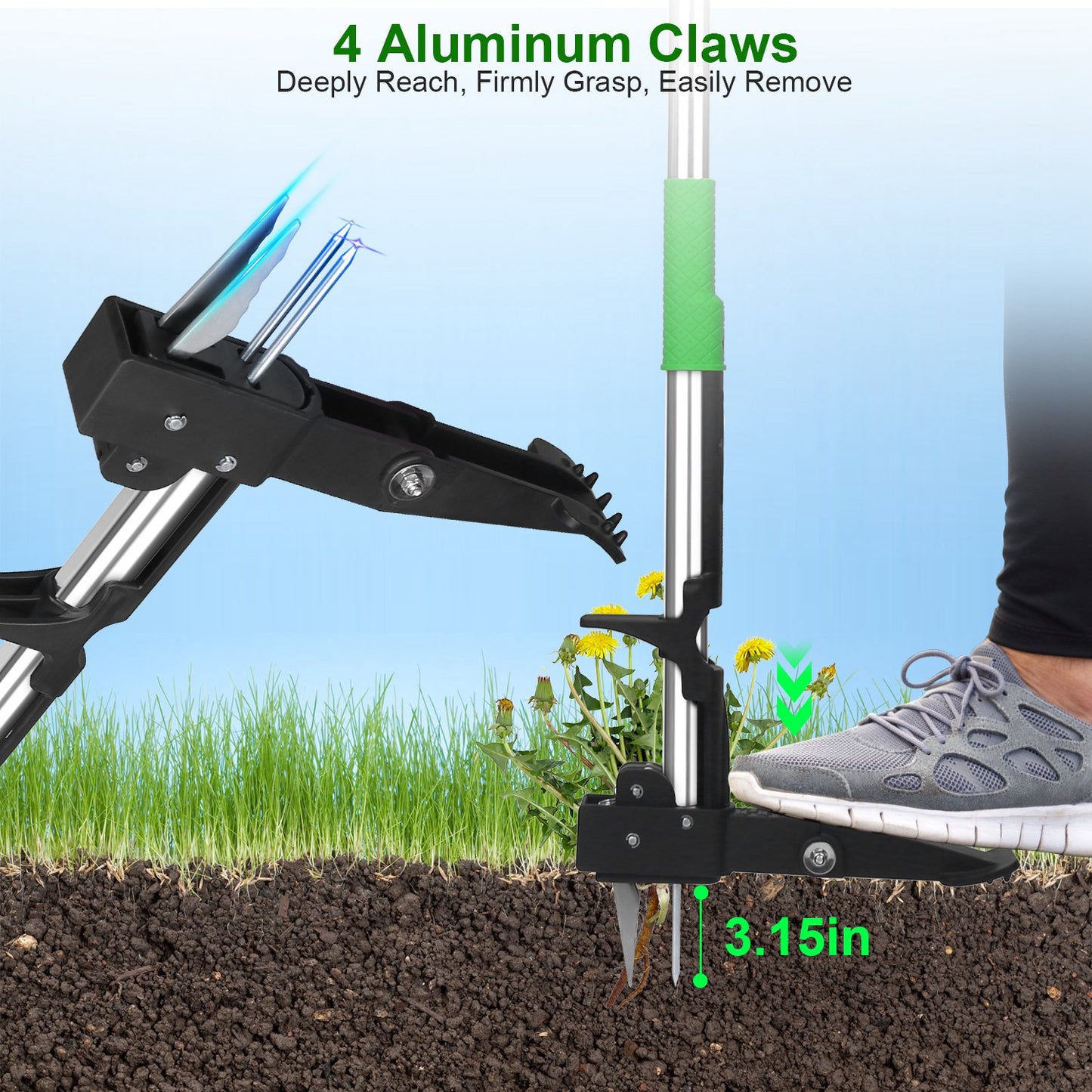 Stand Up Weed Puller Tool with 4-Claw Aluminum Design