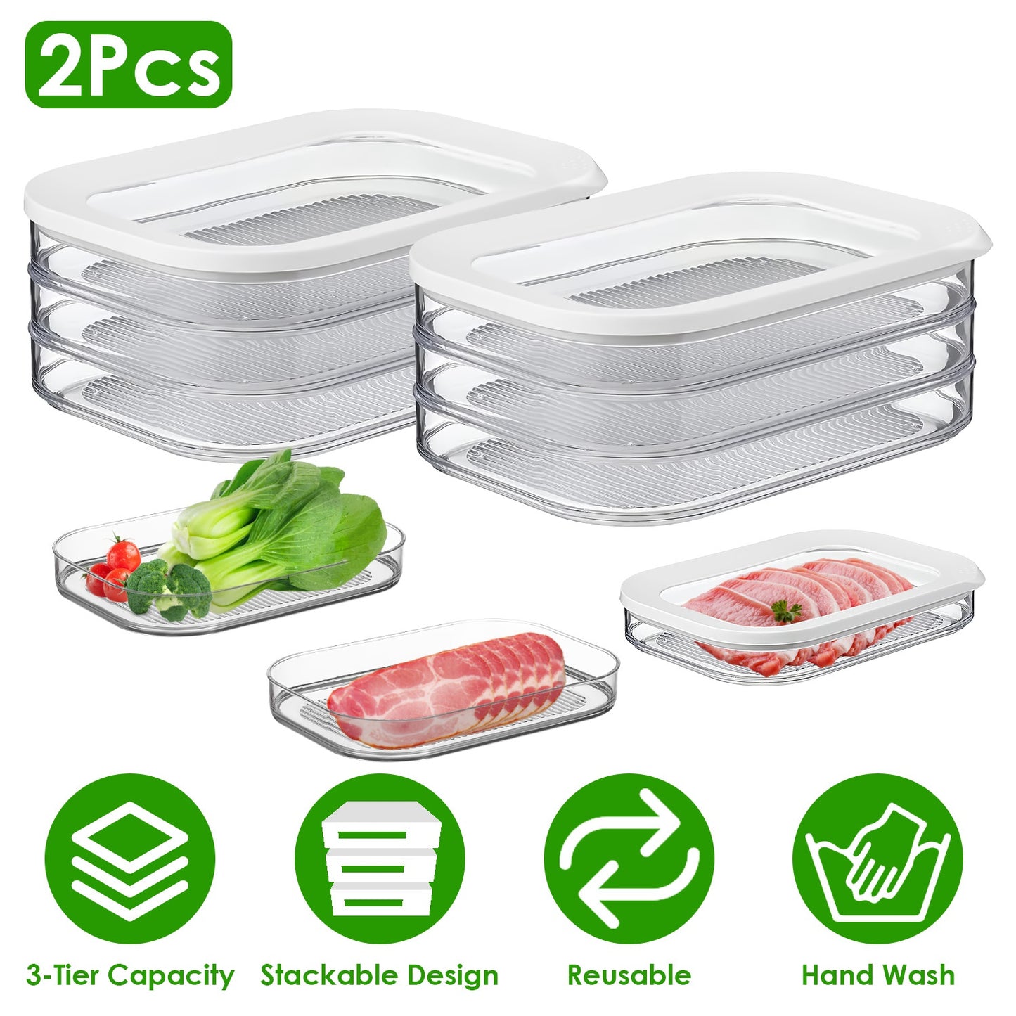 Stackable Deli Meat Container with Lid - 2 Pack 3-Tier