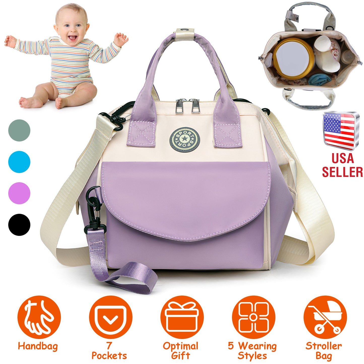 Diaper Bag with 6 Pockets and Detachable Small Bag