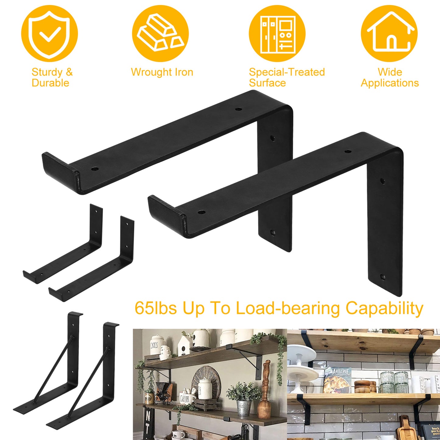 Heavy Duty Wall Mounted Shelf Brackets - 2 Pack Black Metal